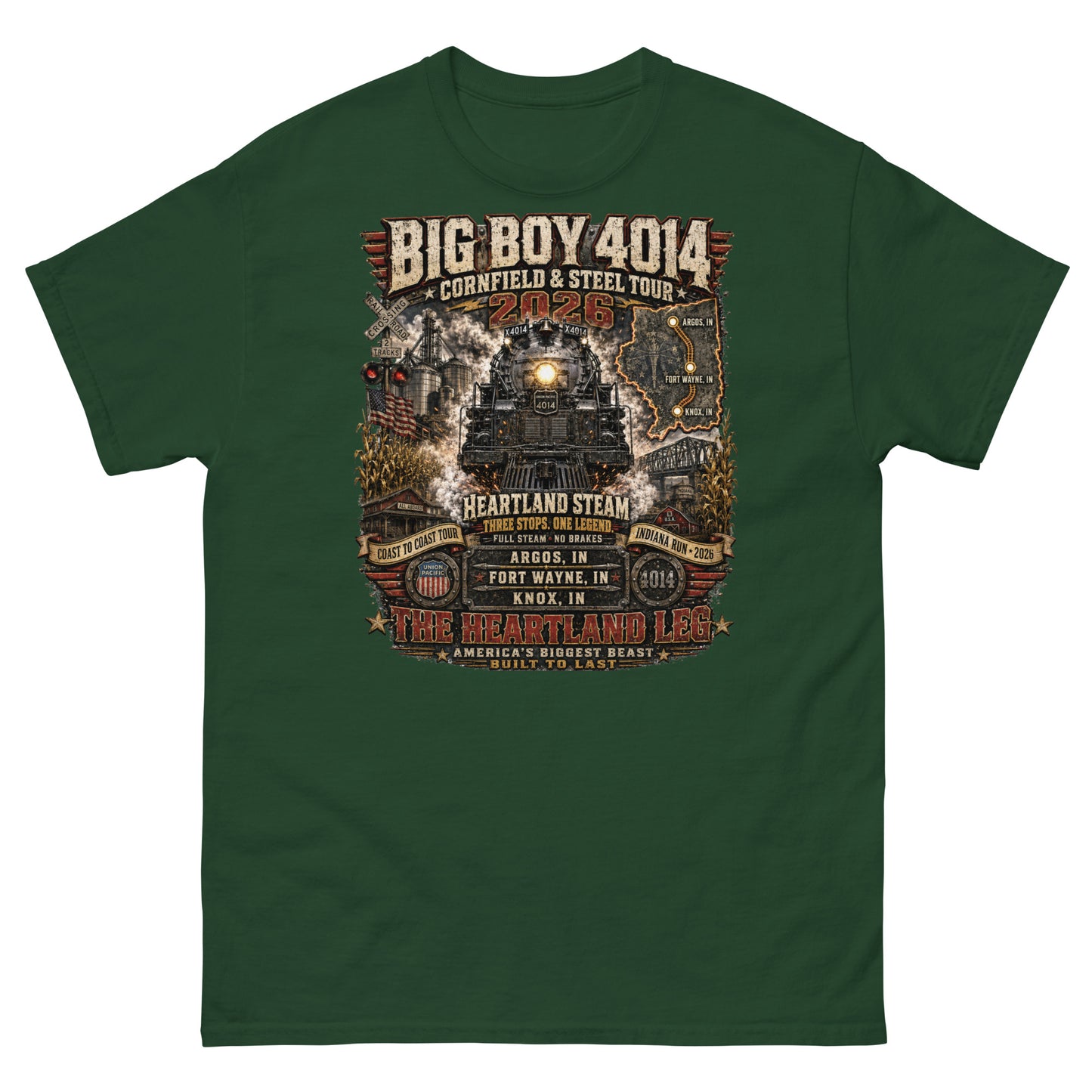 Black t-shirt featuring a highly detailed graphic of the Big Boy 4014 steam locomotive surrounded by cornfields, grain silos, and a steel bridge. Text reads "BIG BOY 4014", "CORNFIELD & STEEL TOUR 2026", "HEARTLAND STEAM", alongside banners for "COAST TO COAST TOUR" and "INDIANA RUN - 2026", plus a map and detailed roster of three Indiana tour stops: Argos, IN; Fort Wayne, IN; and Knox, IN above the text "THE HEARTLAND LEG".