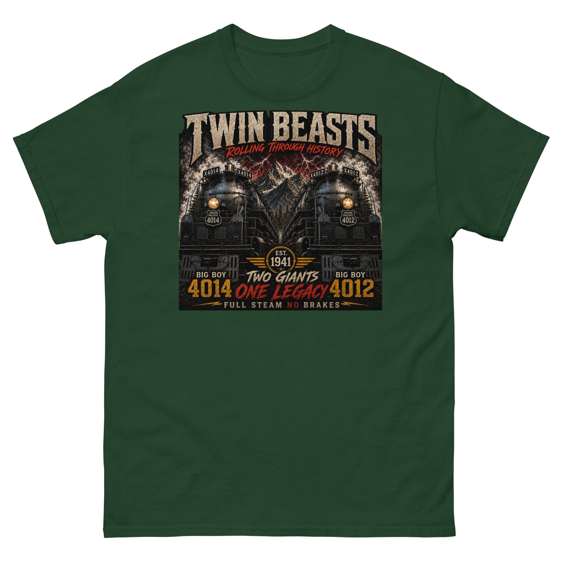 Forest green t-shirt featuring a symmetrical graphic of two steam locomotives, Big Boy 4014 on the left and Big Boy 4012 on the right, side-by-side in front of a mountain range with red lightning strikes. Text reads "TWIN BEASTS", "ROLLING THROUGH HISTORY", "EST. 1941", "TWO GIANTS ONE LEGACY", and "FULL STEAM NO BRAKES".