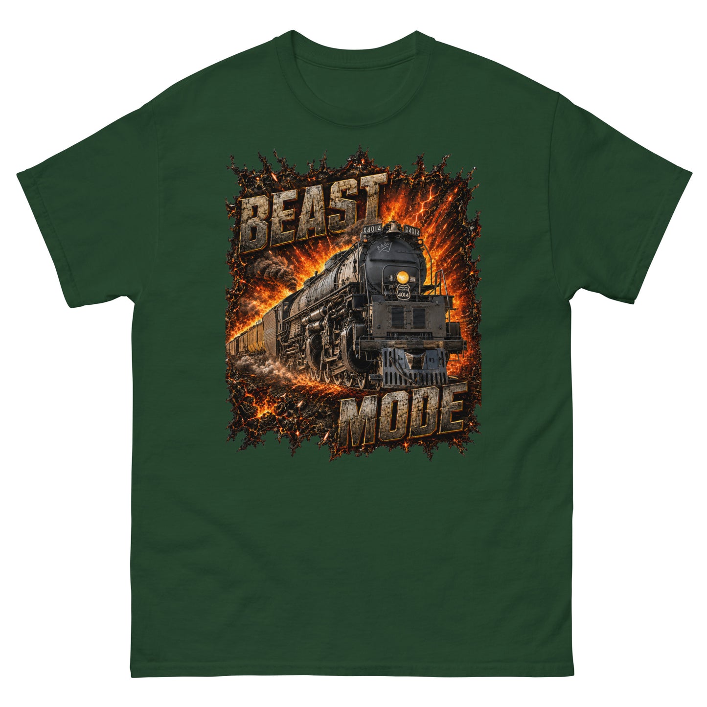 Forest green classic t-shirt featuring a high-impact graphic of the Big Boy 4014 steam locomotive bursting forward out of a fiery, orange and yellow explosion. Large, distressed steel-textured text reads "BEAST" at the top left and "MODE" at the bottom right.