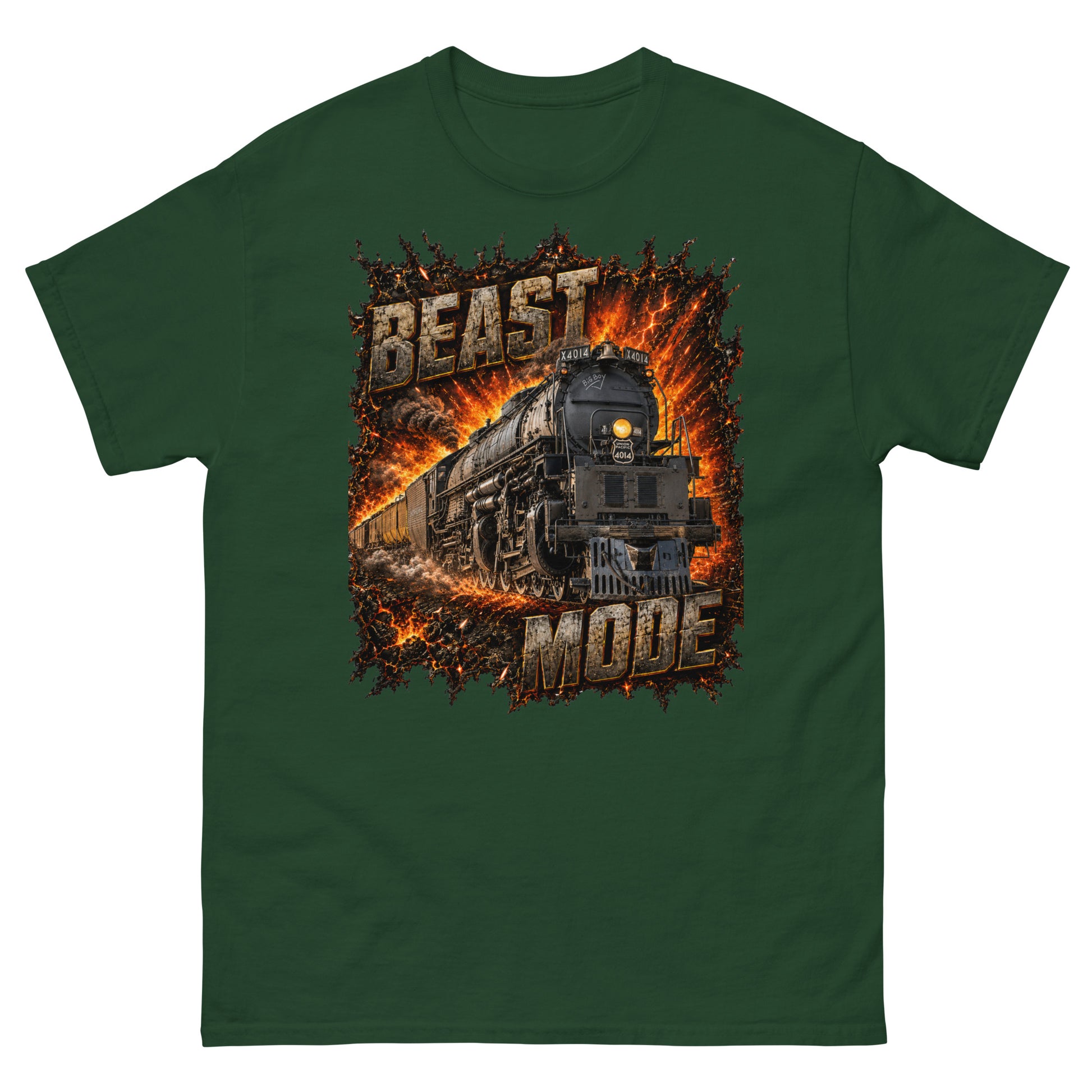 Forest green classic t-shirt featuring a high-impact graphic of the Big Boy 4014 steam locomotive bursting forward out of a fiery, orange and yellow explosion. Large, distressed steel-textured text reads "BEAST" at the top left and "MODE" at the bottom right.