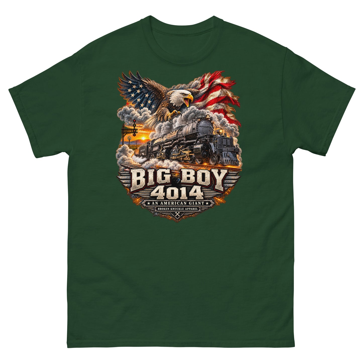 Forest green classic t-shirt featuring a highly detailed patriotic graphic. A bald eagle and American flag soar above the Big Boy 4014 steam locomotive charging down the tracks at sunset. Bold metallic-style text reads "BIG BOY 4014" above a banner reading "AN AMERICAN GIANT" and the Broken Knuckle Apparel logo.