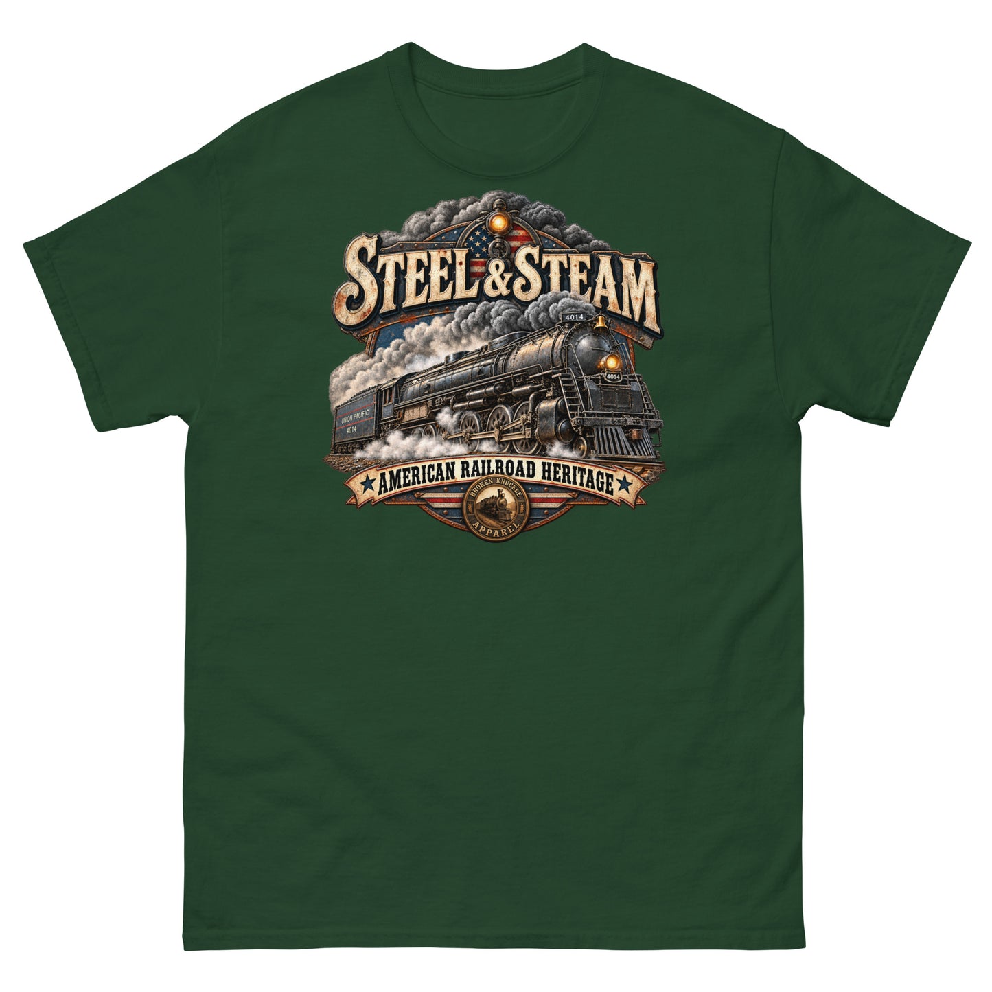 Forest green classic t-shirt featuring a highly detailed vintage graphic. A steam locomotive charges forward surrounded by smoke, with an American flag motif in the background. Vintage distressed text reads "STEEL & STEAM" at the top and "AMERICAN RAILROAD HERITAGE" on a banner at the bottom, just above a round Broken Knuckle Apparel badge.