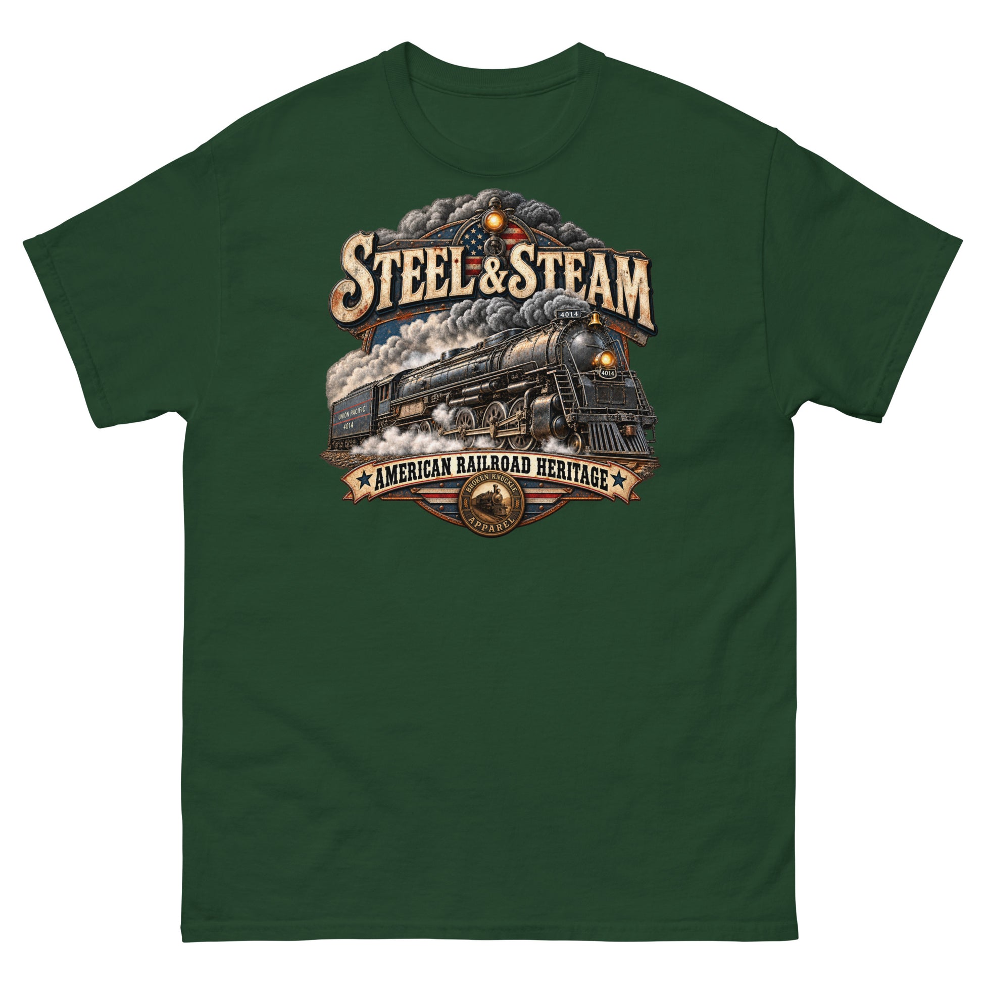 Forest green classic t-shirt featuring a highly detailed vintage graphic. A steam locomotive charges forward surrounded by smoke, with an American flag motif in the background. Vintage distressed text reads "STEEL & STEAM" at the top and "AMERICAN RAILROAD HERITAGE" on a banner at the bottom, just above a round Broken Knuckle Apparel badge.
