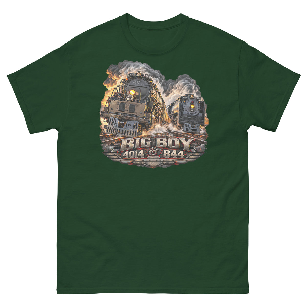 Forest green classic t-shirt featuring a highly detailed graphic of the Big Boy 4014 and 844 steam locomotives charging down the tracks side-by-side surrounded by smoke and steam. Bold, metallic-style text at the bottom reads "BIG BOY 4014 & 844" on a distressed vintage badge.   