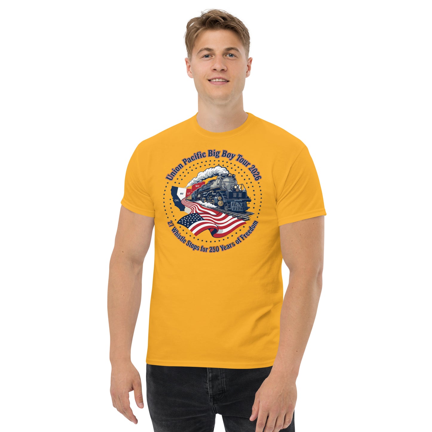Man wearing a yellow t-shirt with a train and American flag design on a white background