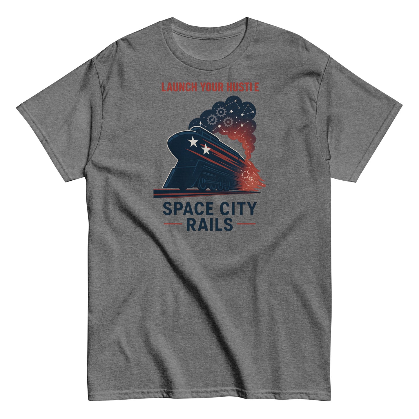 Gray t-shirt with a graphic design of a train and text 'Space City Rails' on a white background