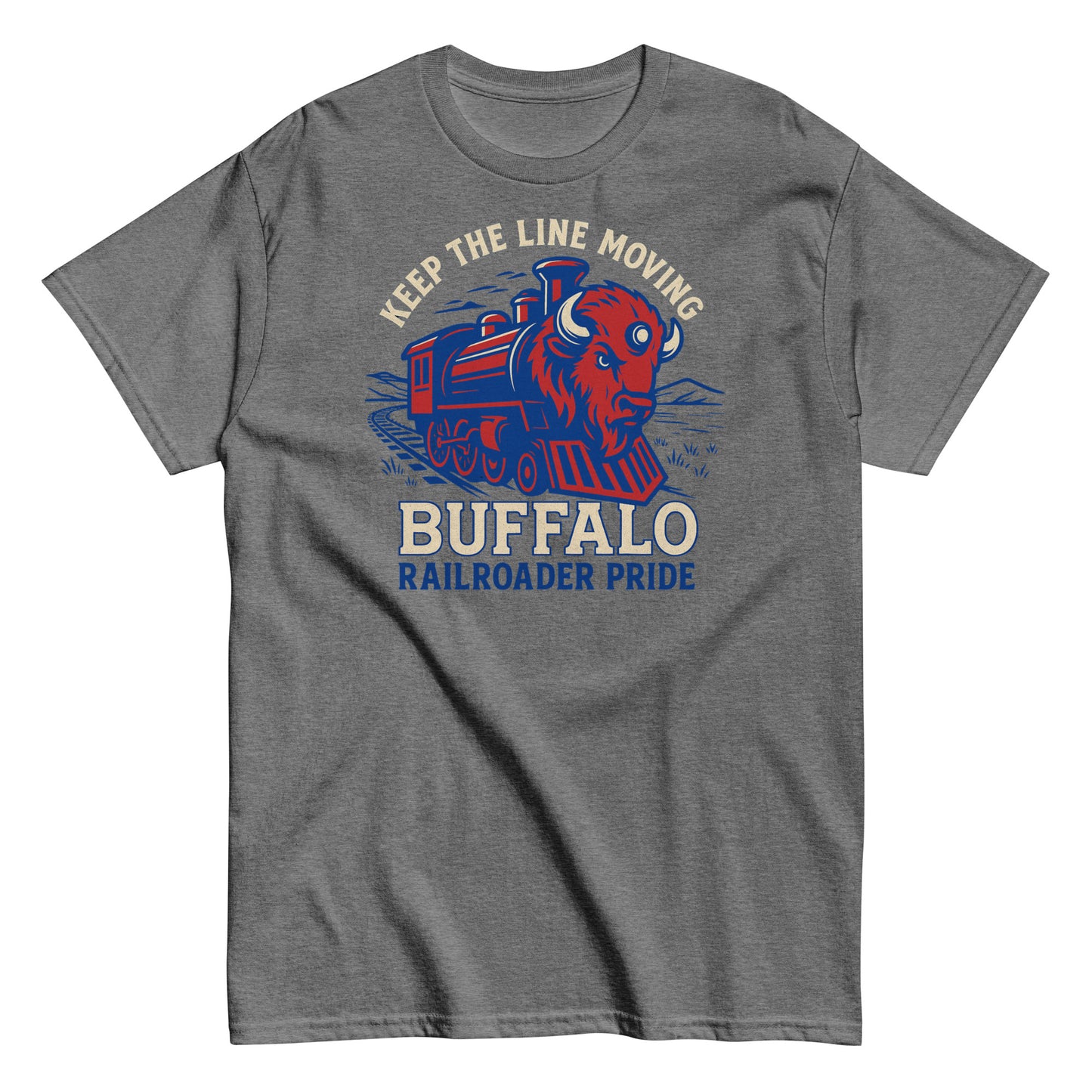 Gray t-shirt with a graphic of a train and buffalo, and text 'Keep the Line Moving Buffalo Railroader Pride' on a white background.