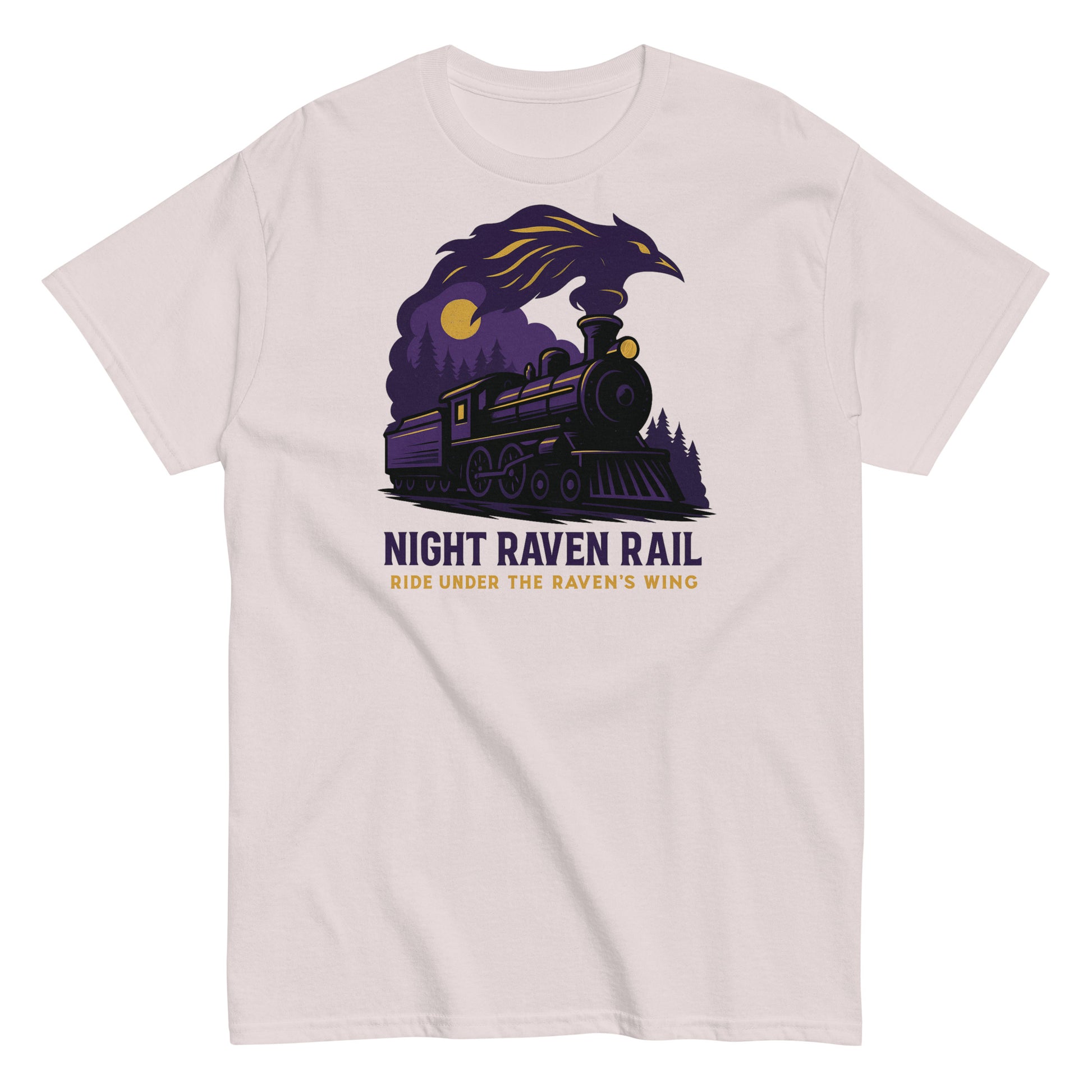 T-shirt with a train and raven design on a beige background