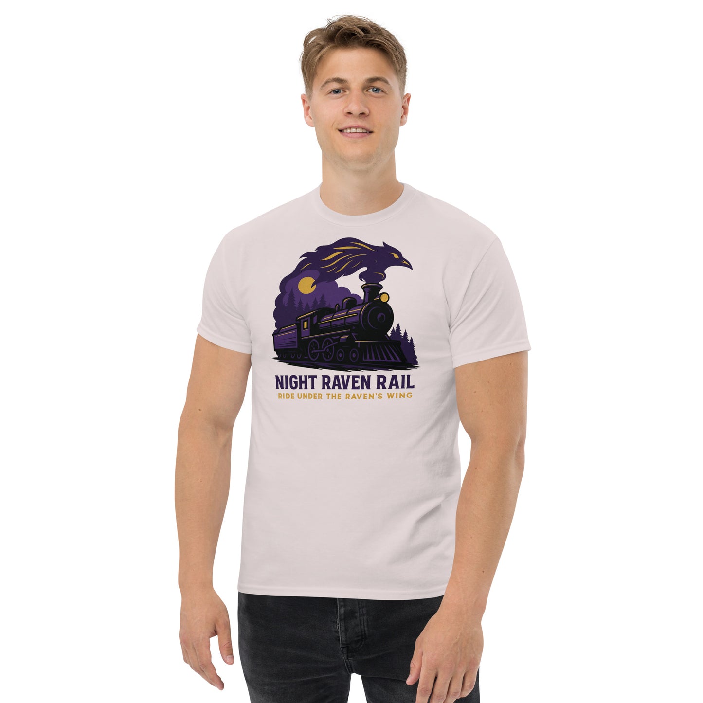 Person wearing a t-shirt with a train and raven design on a white background