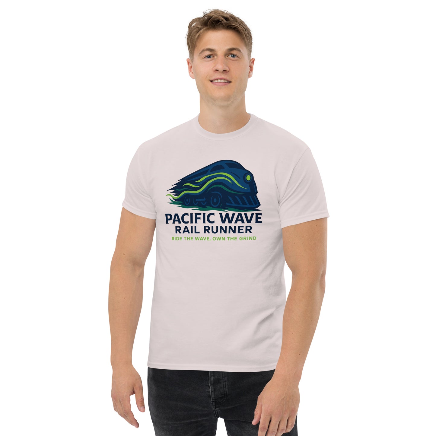 Person wearing a white t-shirt with 'Pacific Wave Rail Runner' design on a white background