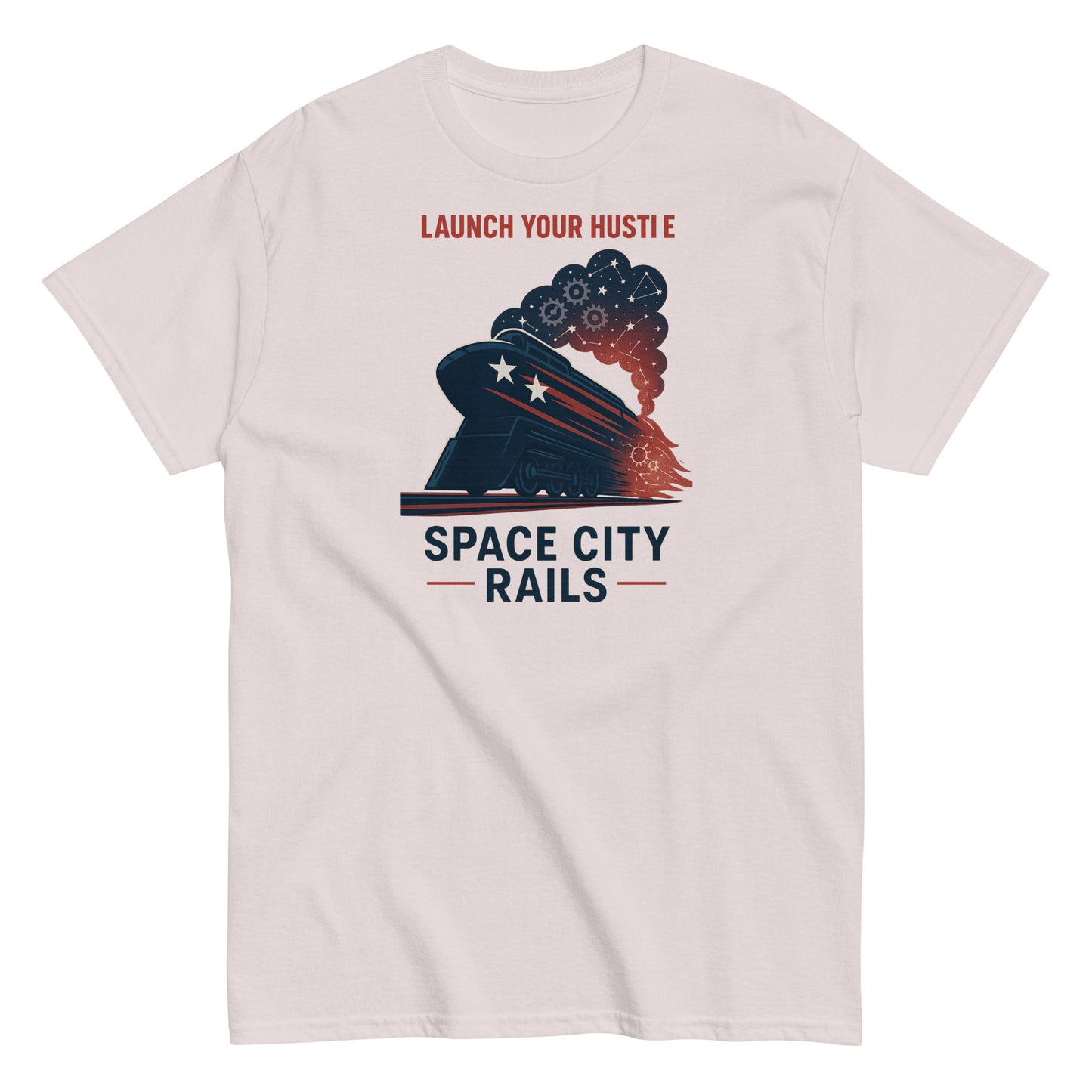 White t-shirt with space-themed graphic and text on a white background