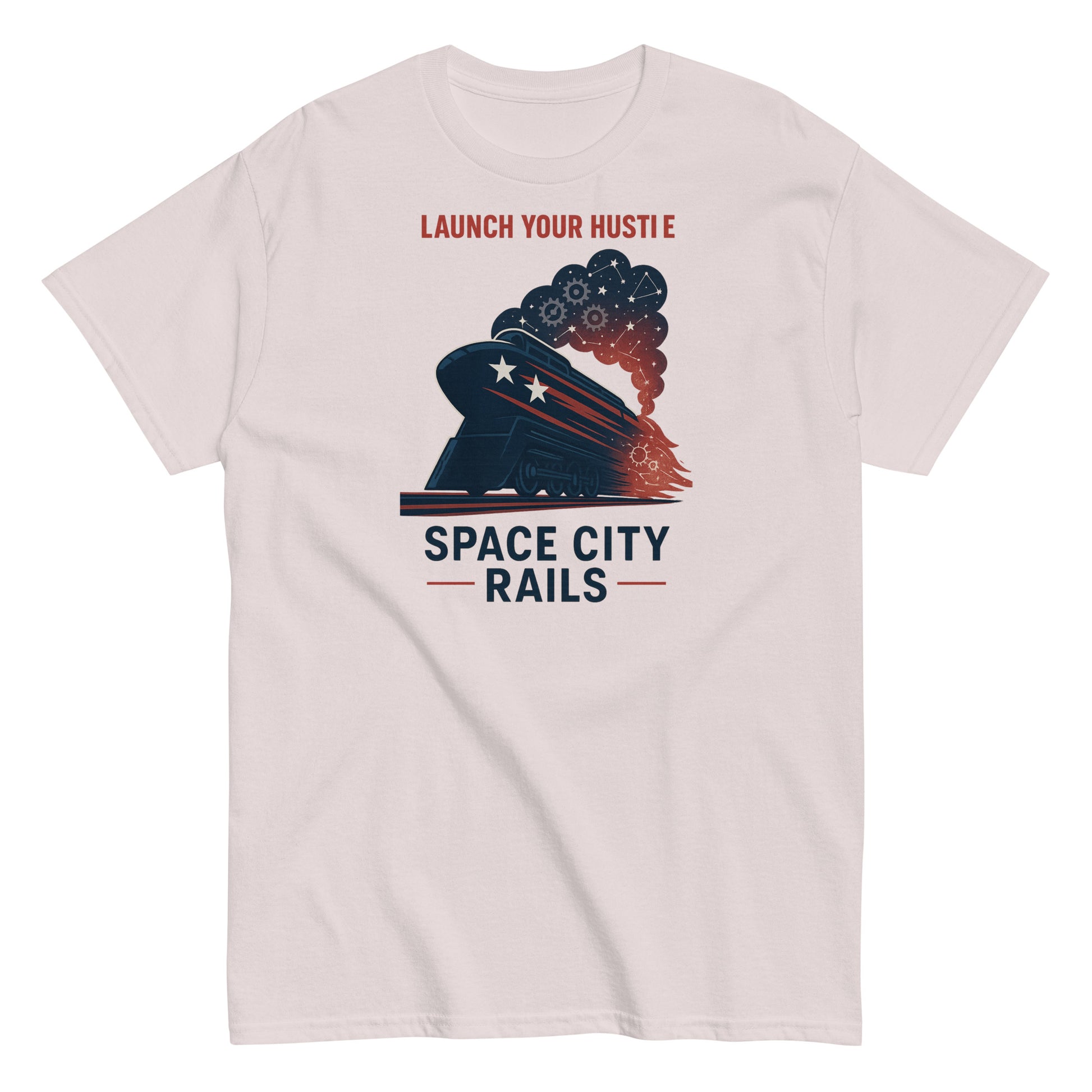 White t-shirt with space-themed graphic and text on a white background