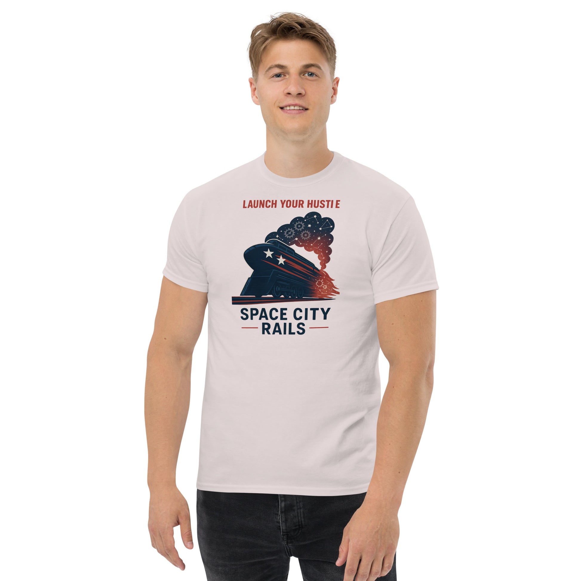 Man wearing a t-shirt with 'Space City Rails' graphic and text on a white background