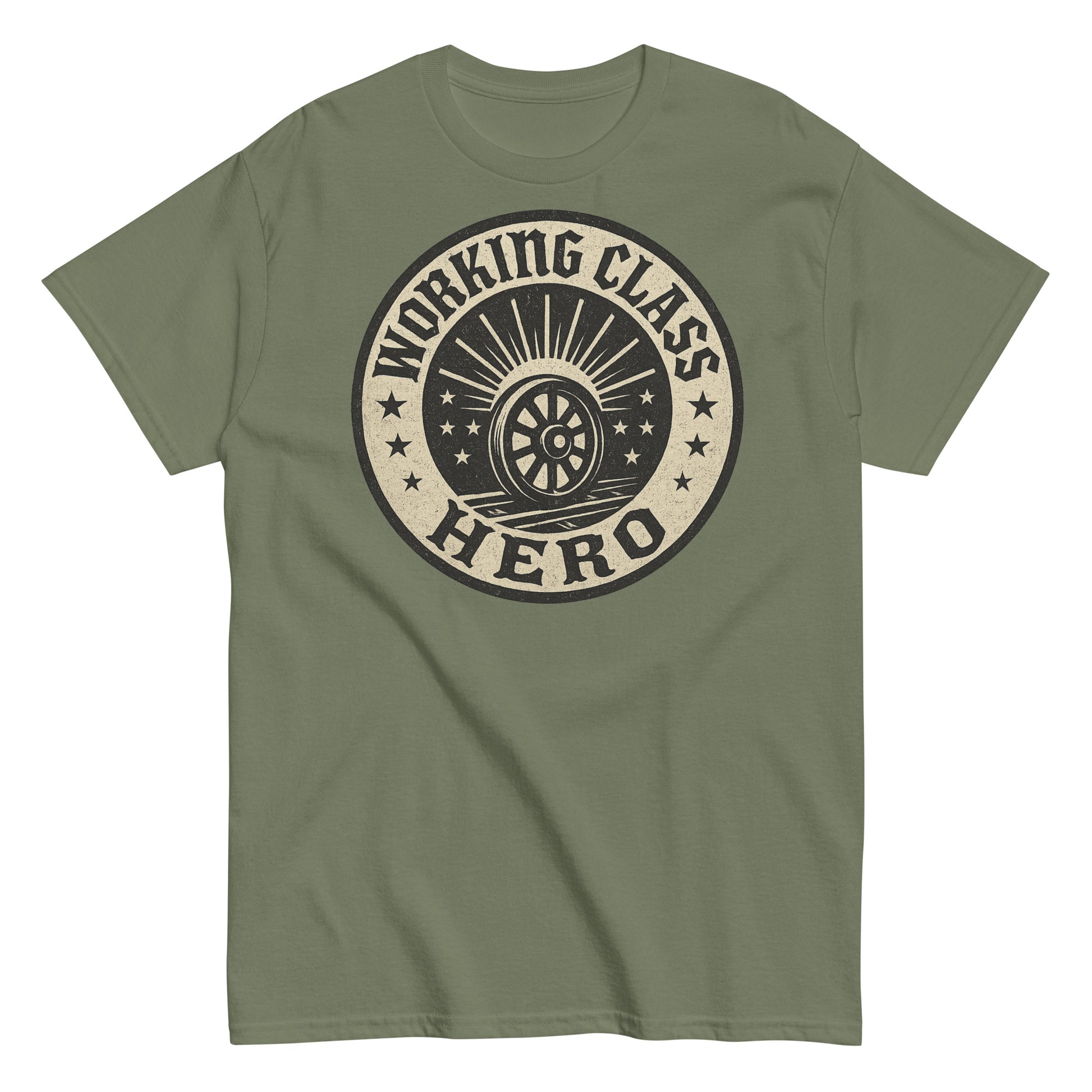 Green t-shirt with 'Working Class Hero' graphic design on a white background