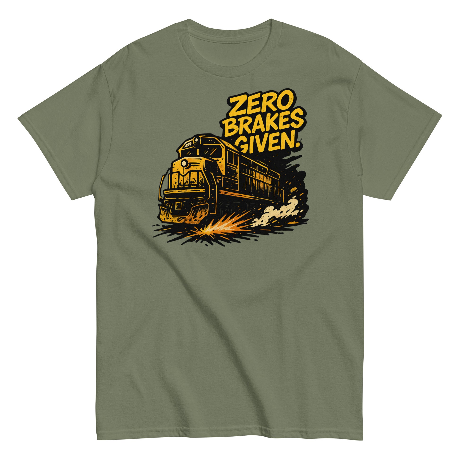 Green t-shirt with a train graphic and 'Zero Brakes Given' text on a white background