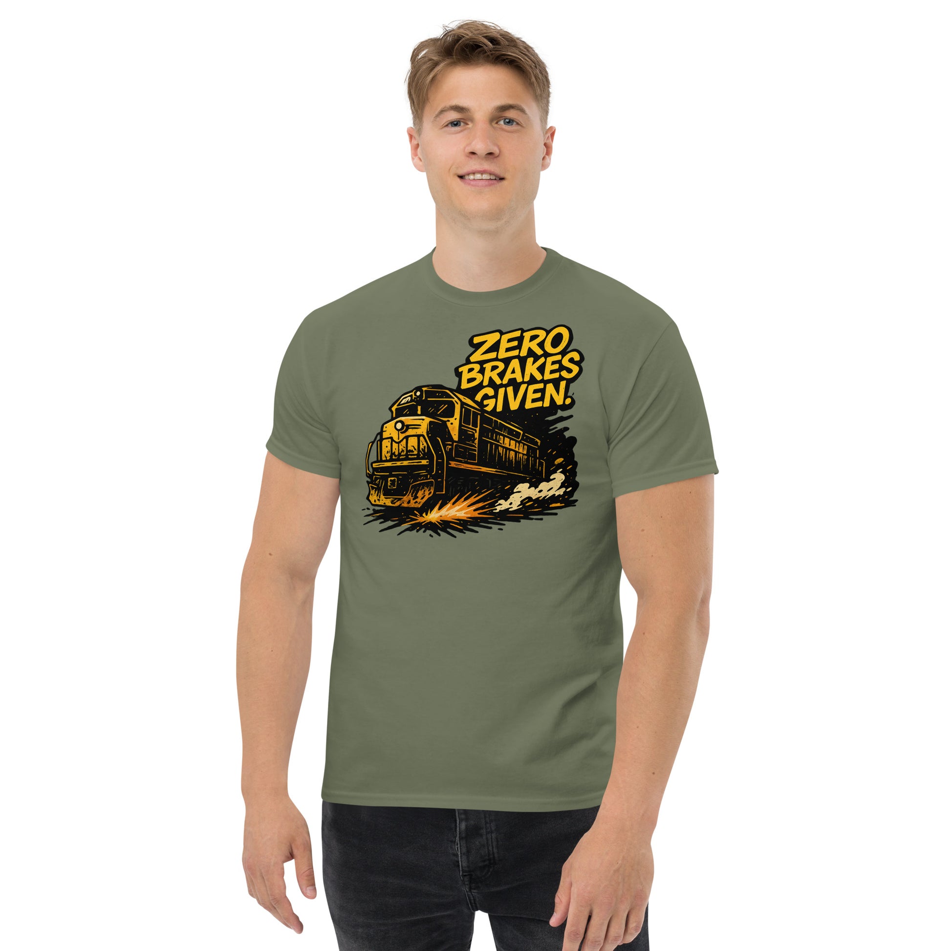 Man wearing a green t-shirt with a train graphic and 'Zero Brakes Given' text on a white background