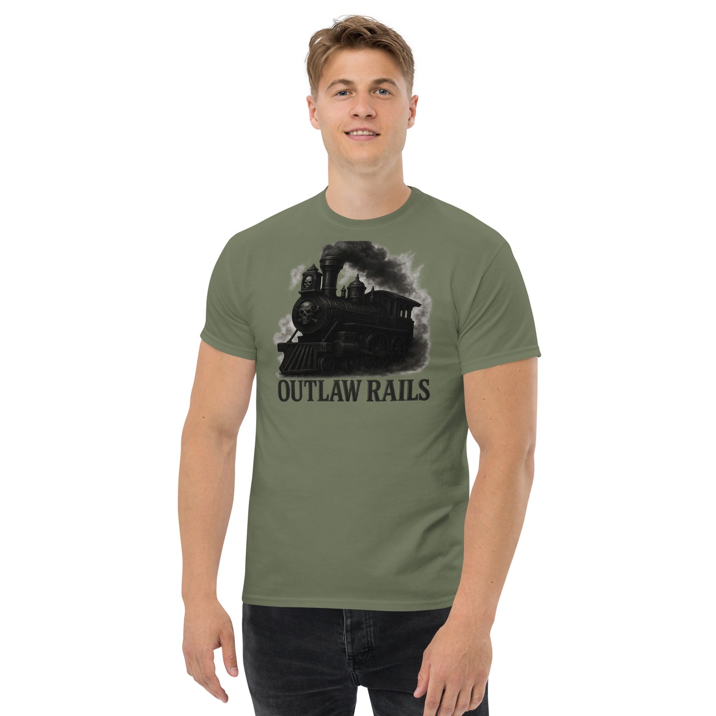 Person wearing a green t-shirt with a train graphic and 'Outlaw Rails' text on a white background