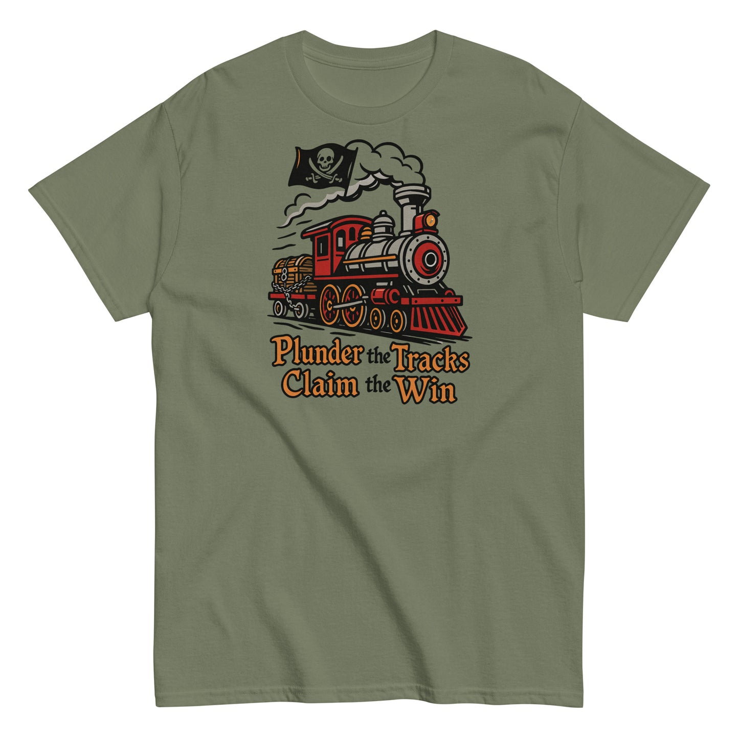 Green t-shirt with a train graphic and text 'Plunder the Tracks Claim the Win' on a white background