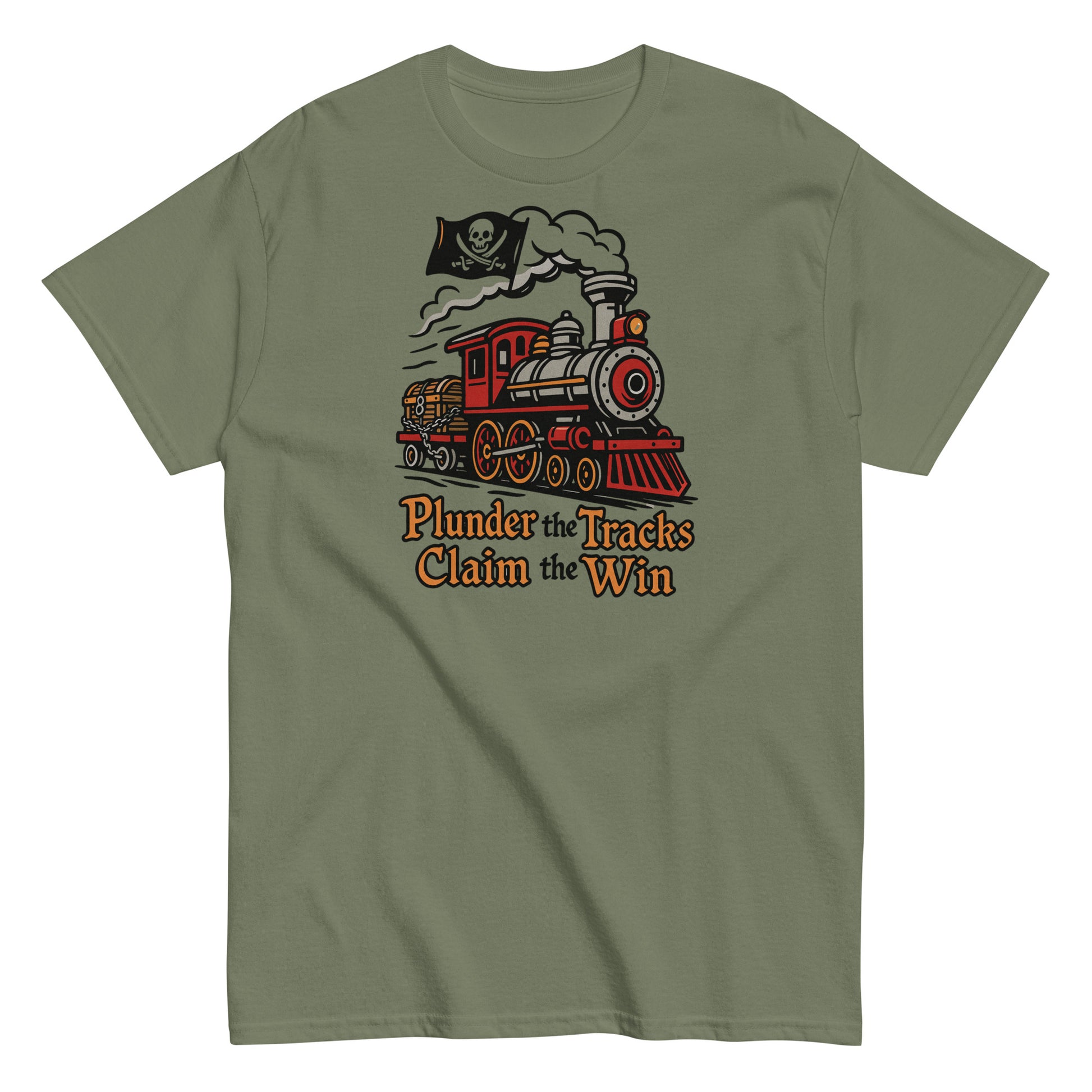 Green t-shirt with a train graphic and text 'Plunder the Tracks Claim the Win' on a white background