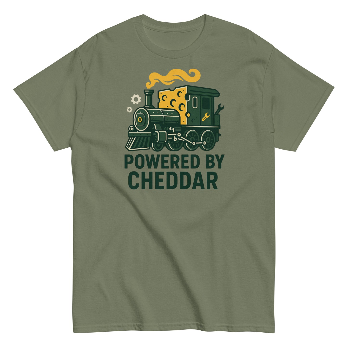 Green t-shirt with a train graphic and 'Powered by Cheddar' text on a white background