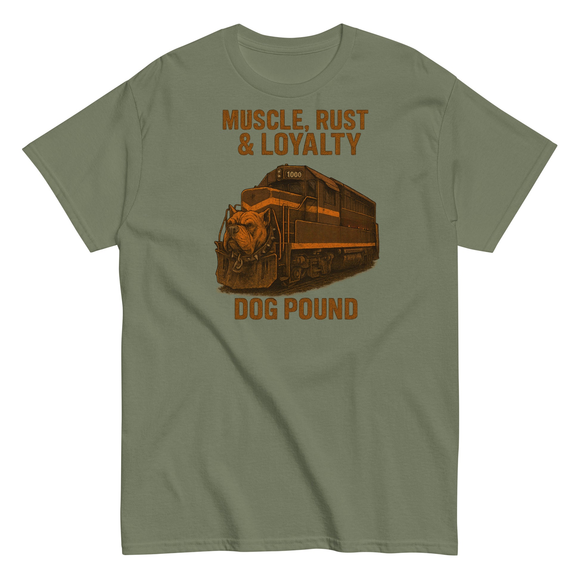 Green t-shirt with a train graphic and text 'Muscle, Rust & Loyalty Dog Pound' on a white background