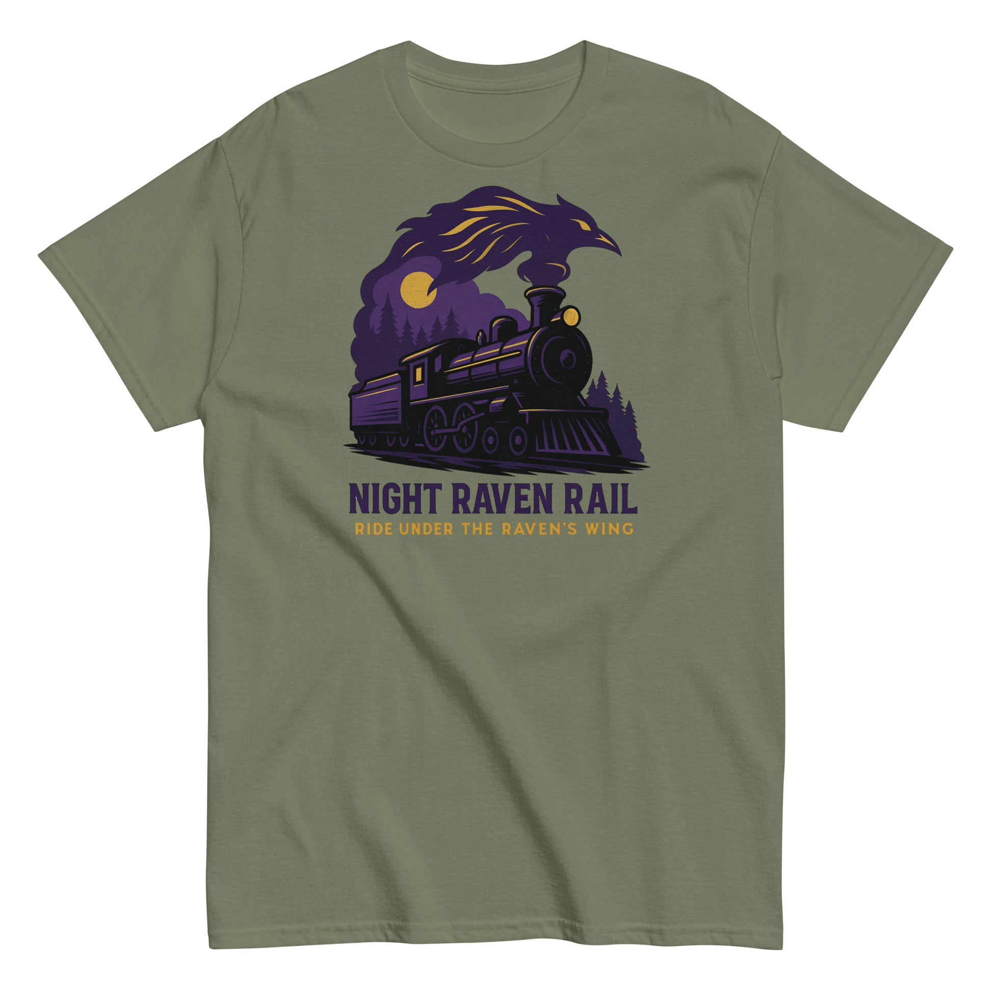 Green t-shirt with a purple train and raven design on a white background