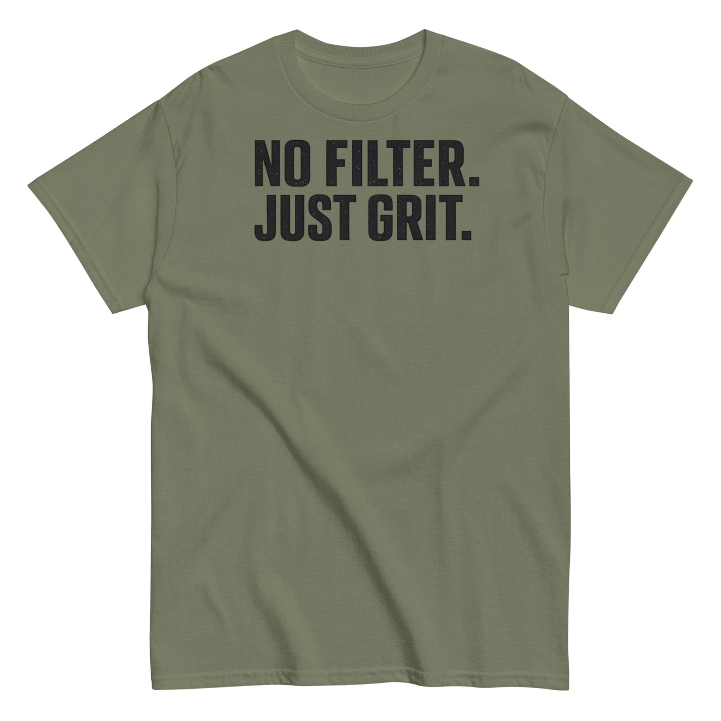 Green t-shirt with 'NO FILTER. JUST Grit.' text on a white background