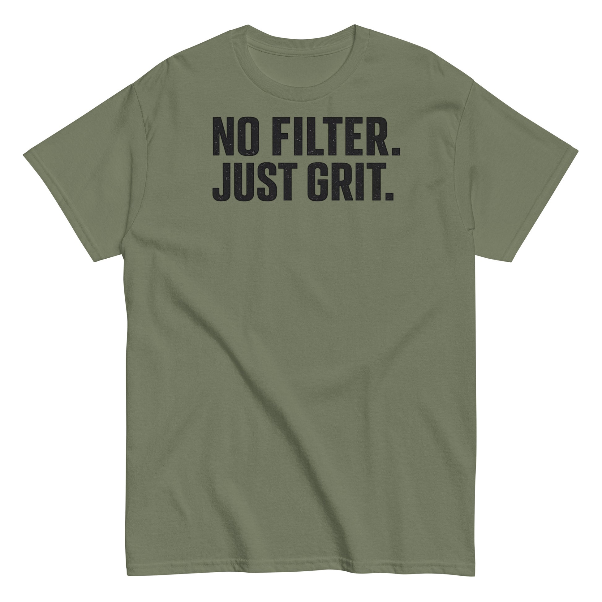 Green t-shirt with 'NO FILTER. JUST Grit.' text on a white background