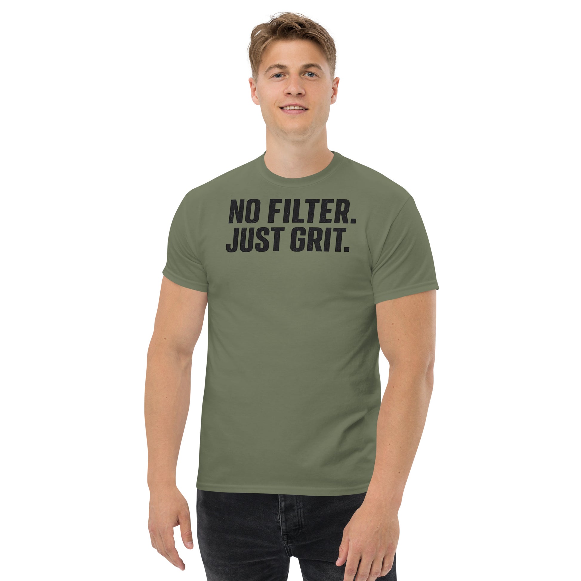 Person wearing a green t-shirt with 'NO FILTER. JUST GRIT.' text on a white background