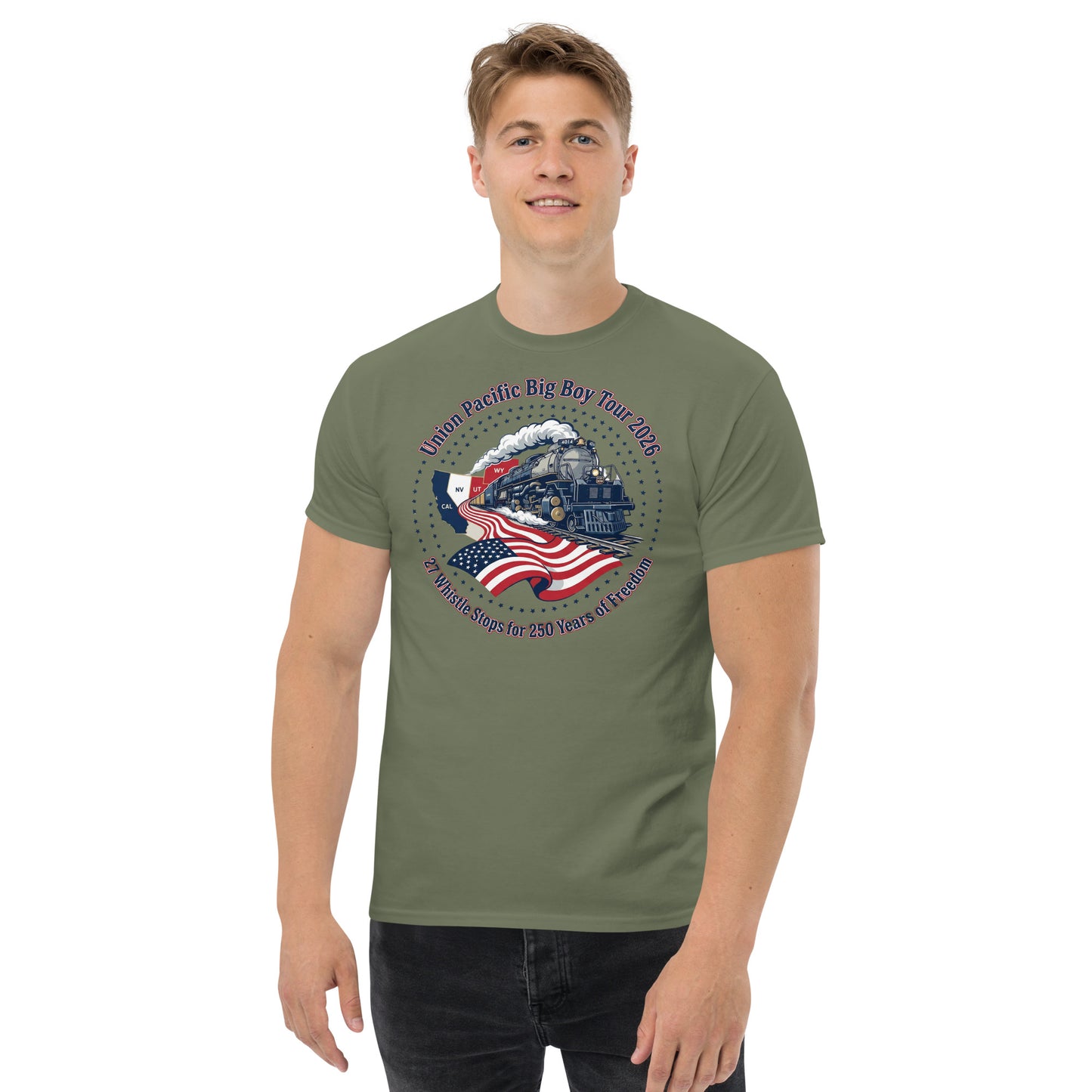 Man wearing a green t-shirt with a graphic design on a white background