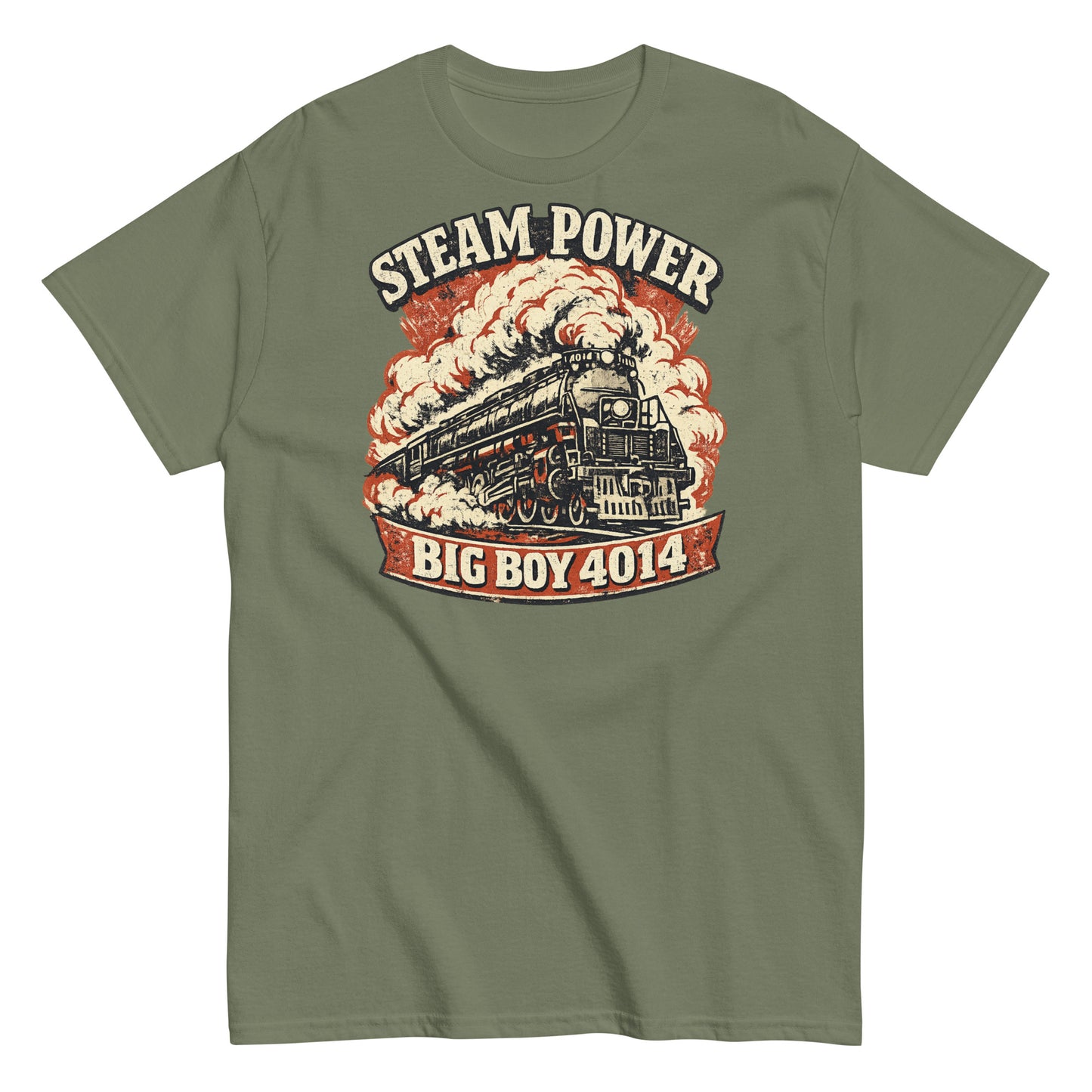 Green t-shirt with steam locomotive graphic and 'Steam Power Big Boy 4014' text on a white background
