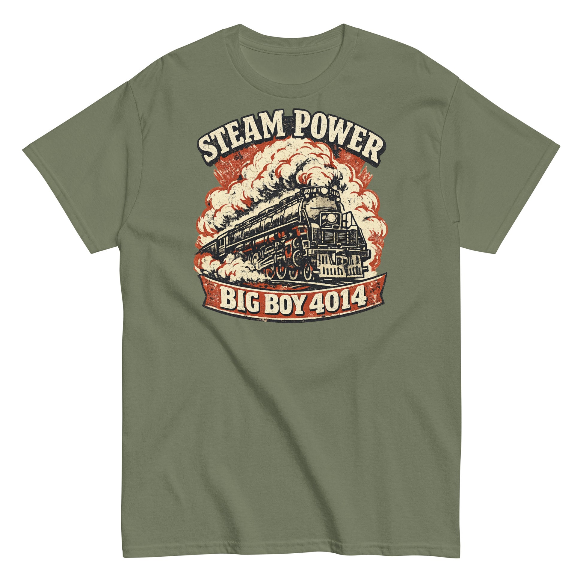 Green t-shirt with steam locomotive graphic and 'Steam Power Big Boy 4014' text on a white background