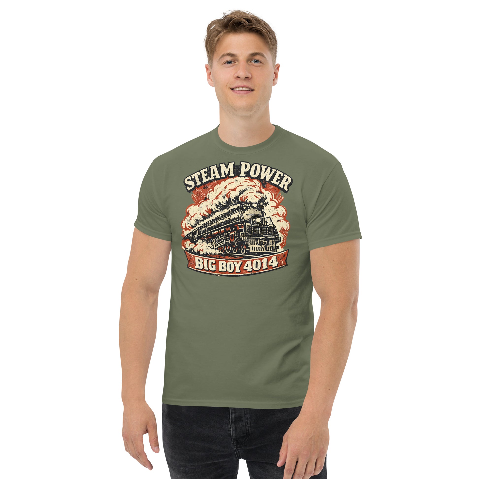 Man wearing a green t-shirt with a steam locomotive design and text on a white background