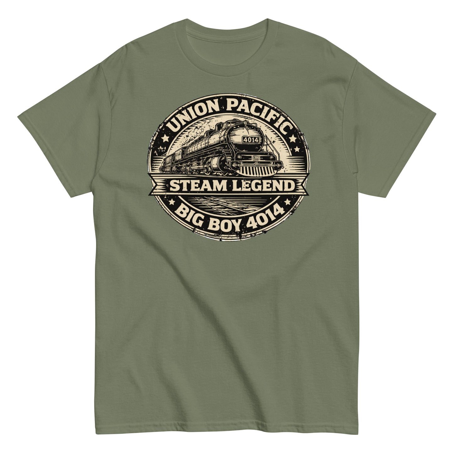 military green t-shirt with Union Pacific steam locomotive graphic on a white background