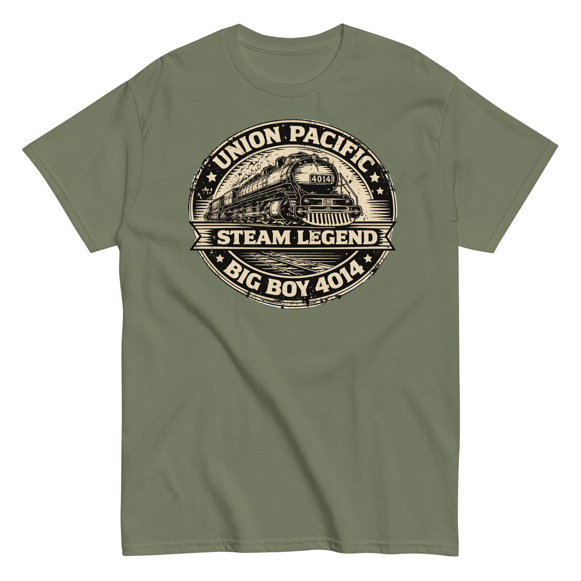 military green t-shirt with Union Pacific steam locomotive graphic on a white background