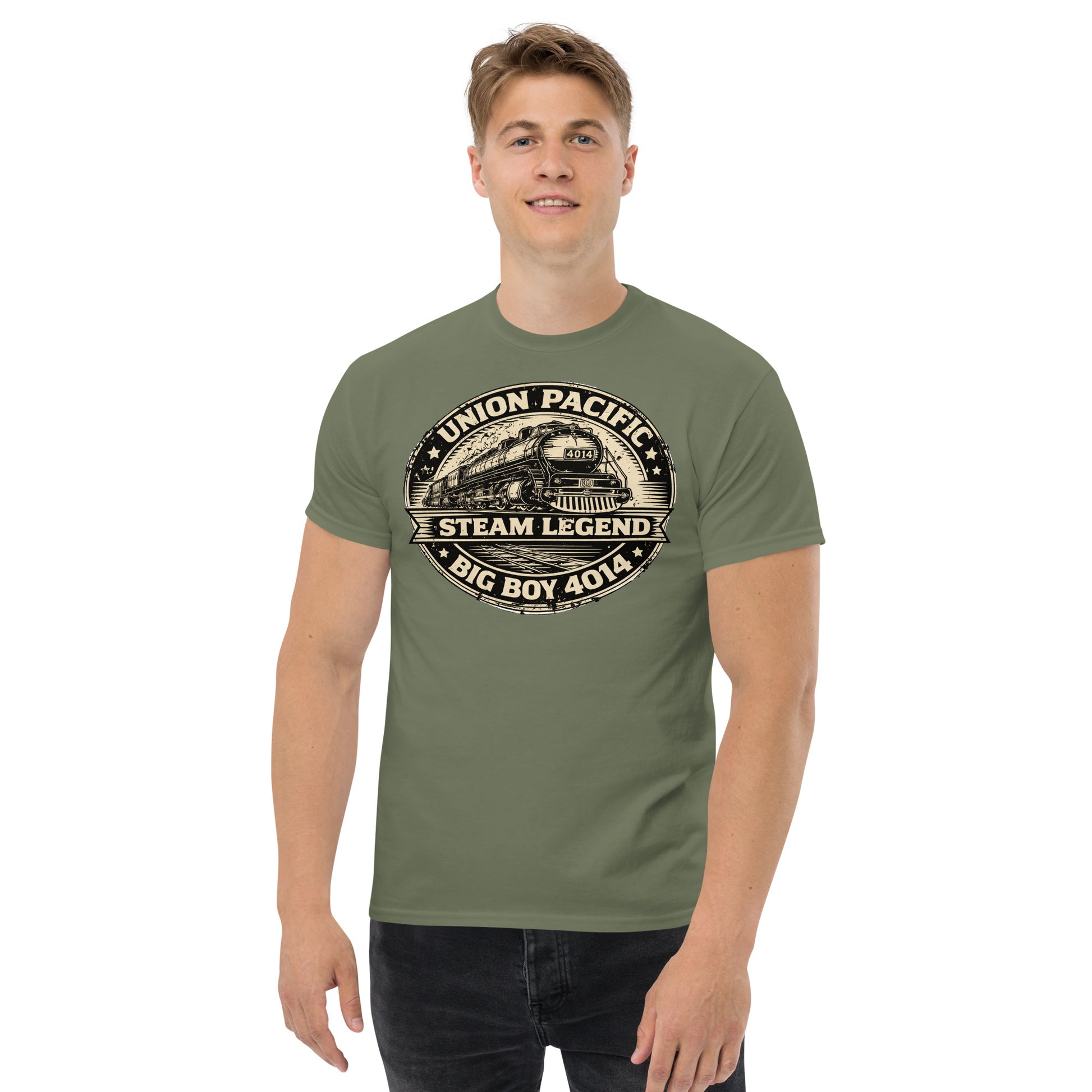 Man wearing a green t-shirt with Union Pacific steam locomotive design on a white background