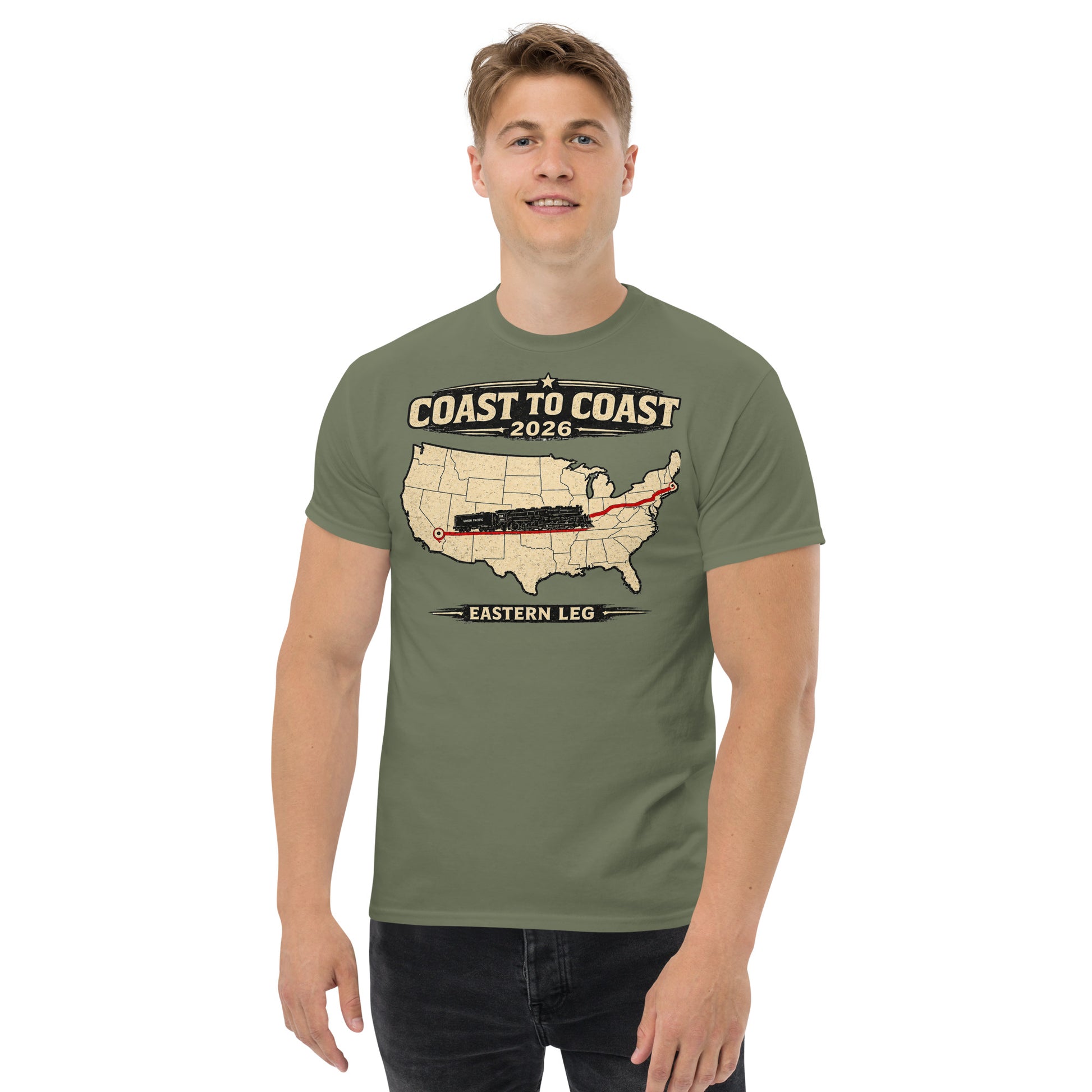 Man wearing a green t-shirt with a map design and text on a white background