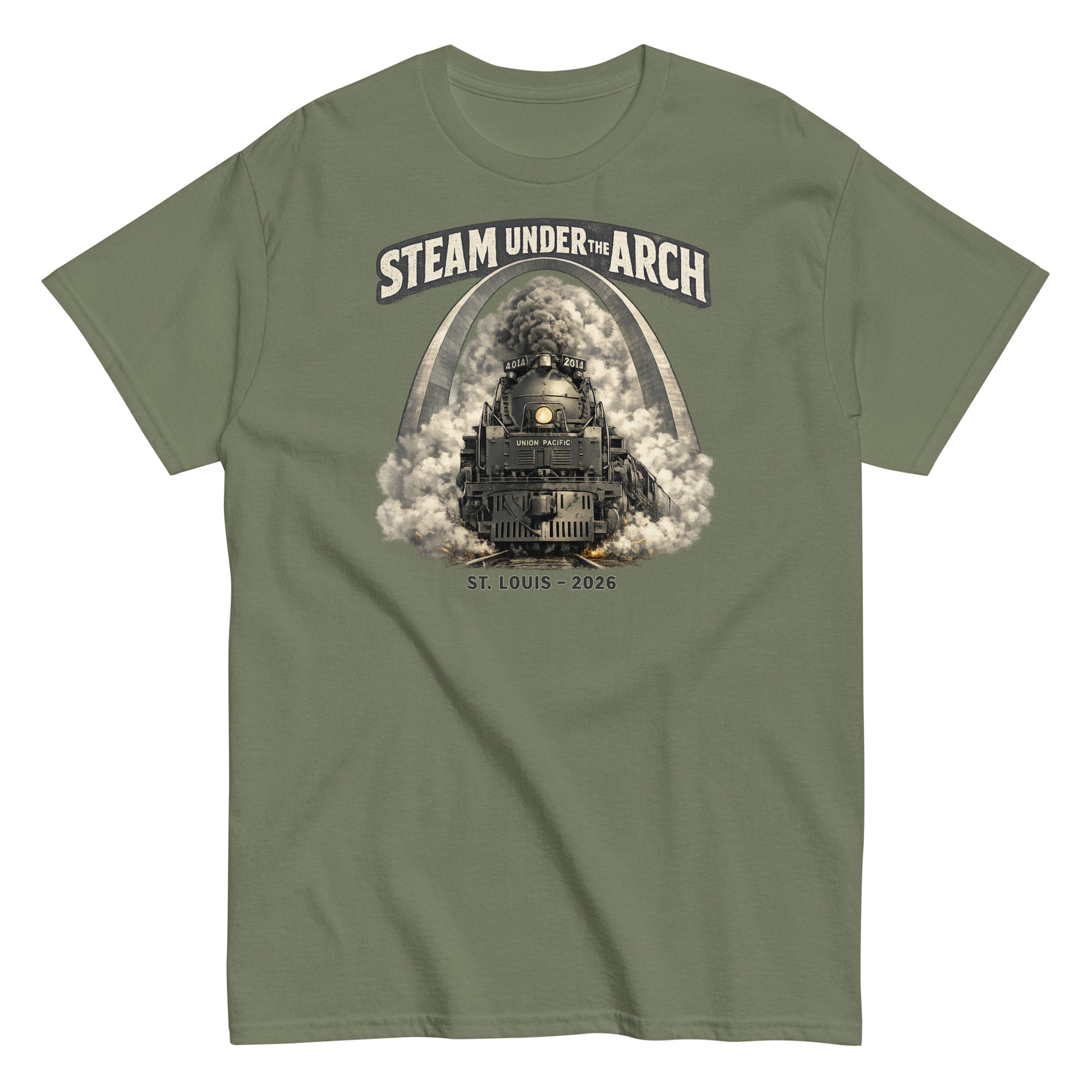 Military green featuring the Big Boy 4014 steam locomotive under the St. Louis Gateway Arch, with text reading "Steam Under The Arch" and "St. Louis - 2026".