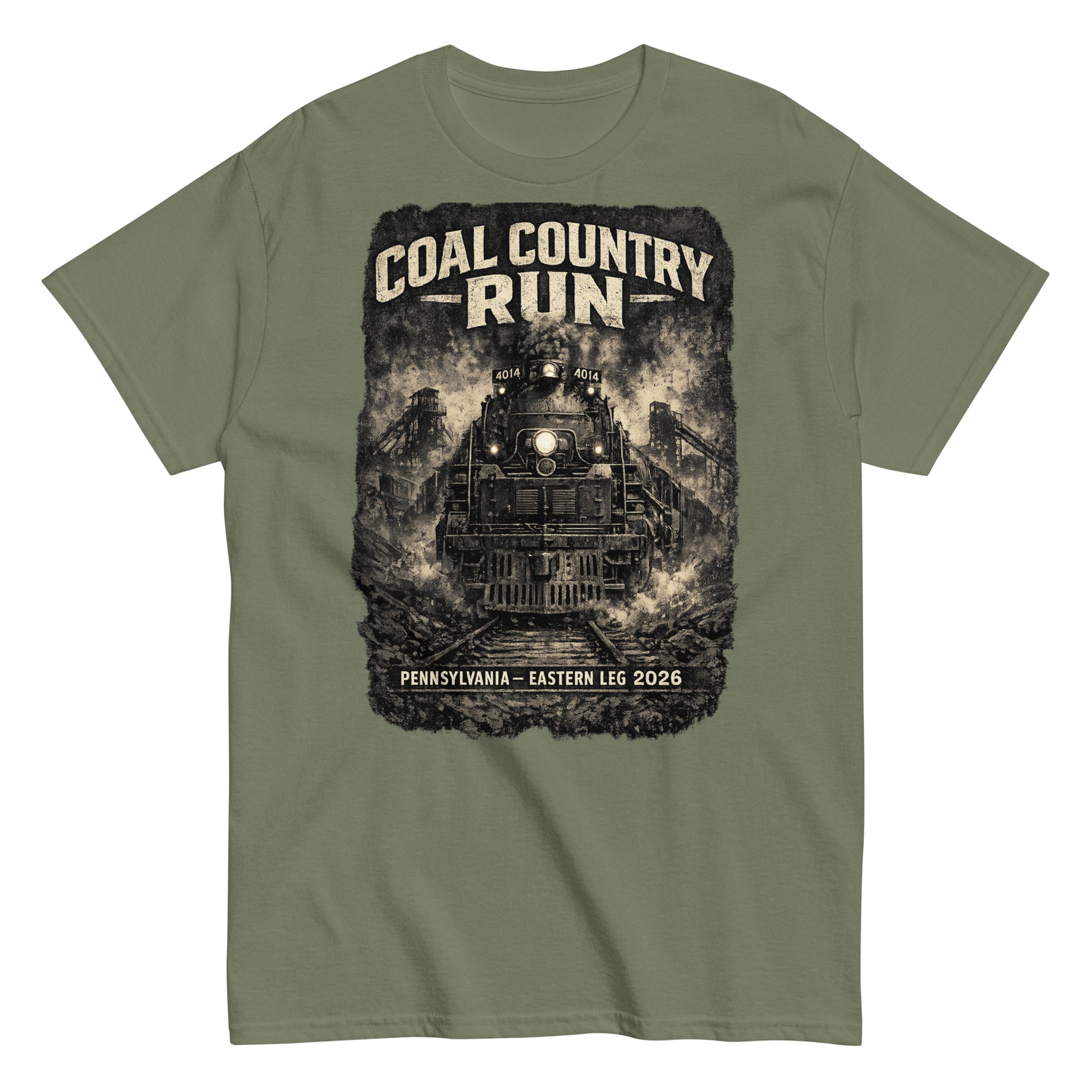 Army green t-shirt featuring a dark, gritty graphic of the Big Boy 4014 steam locomotive passing historic coal mine structures, with text reading "Coal Country Run" and "Pennsylvania - Eastern Leg 2026".