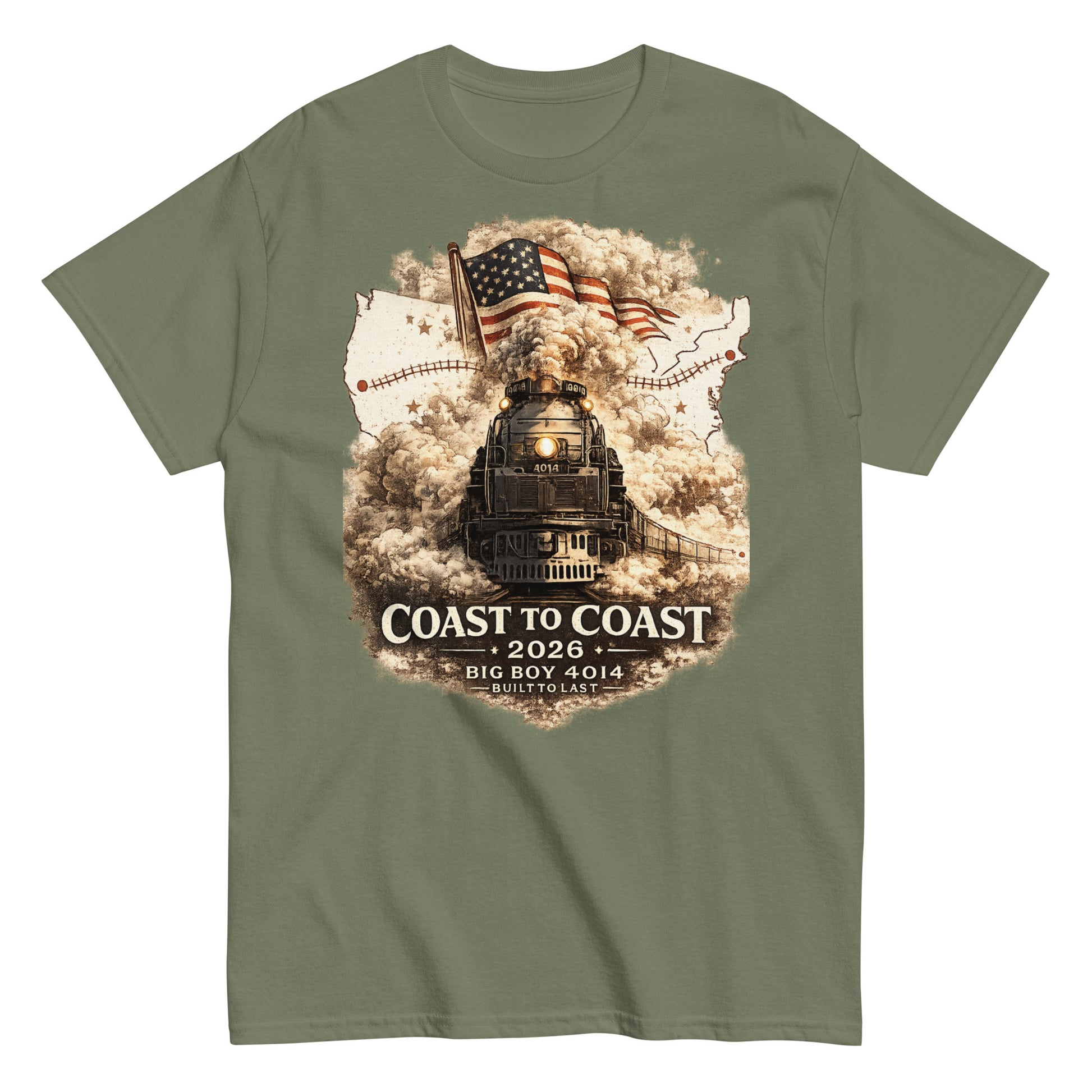 Army green t-shirt featuring the Big Boy 4014 steam locomotive, a waving American flag, and a US map showing a track route, with text reading "Coast to Coast 2026", "Big Boy 4014", and "Built To Last".