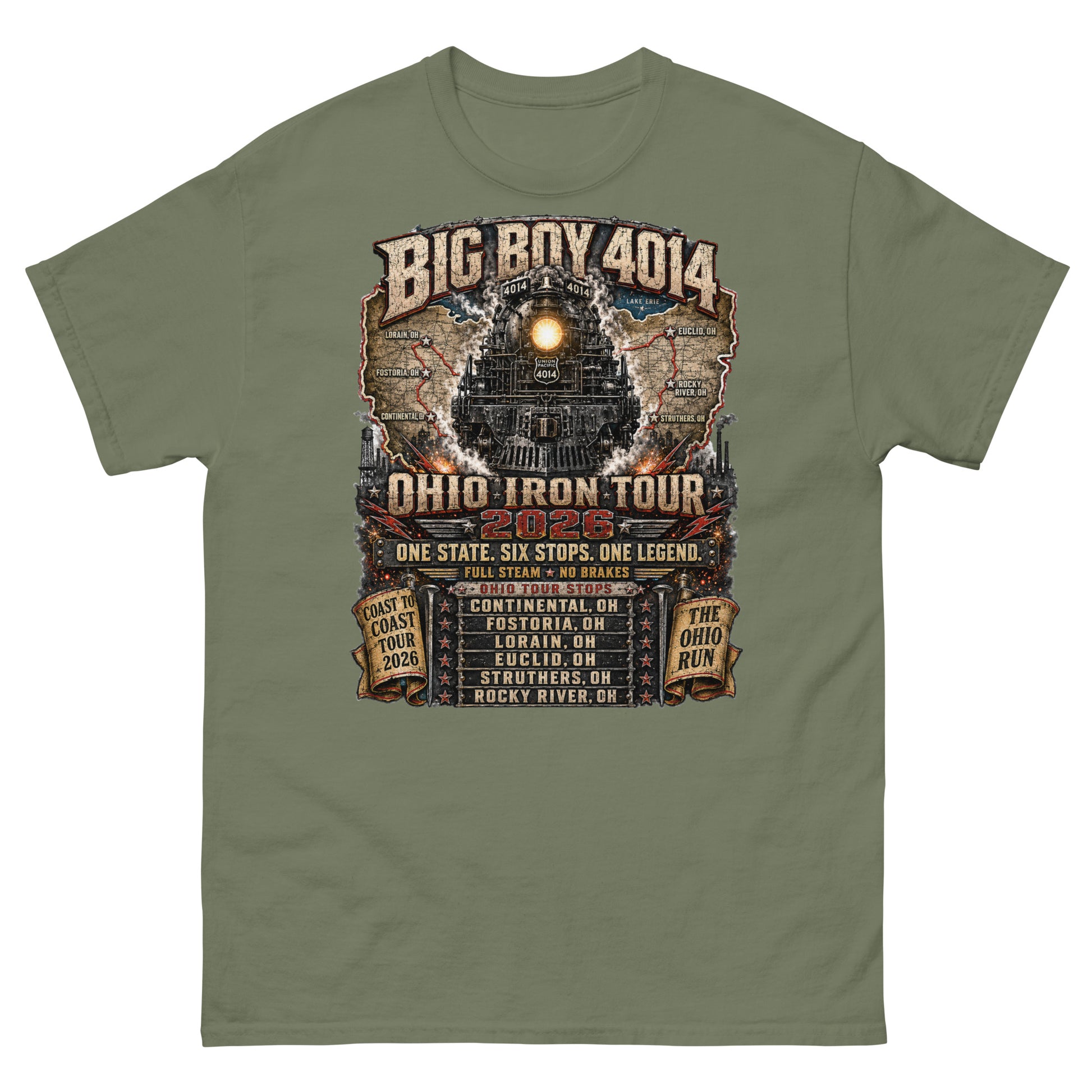 Army green t-shirt featuring a highly detailed graphic of the Big Boy 4014 steam locomotive backed by a map of Ohio. Text reads "BIG BOY 4014", "OHIO IRON TOUR 2026", "ONE STATE. SIX STOPS. ONE LEGEND.", alongside banners for "COAST TO COAST TOUR 2026" and "THE OHIO RUN", plus a detailed roster of six Ohio tour stops.