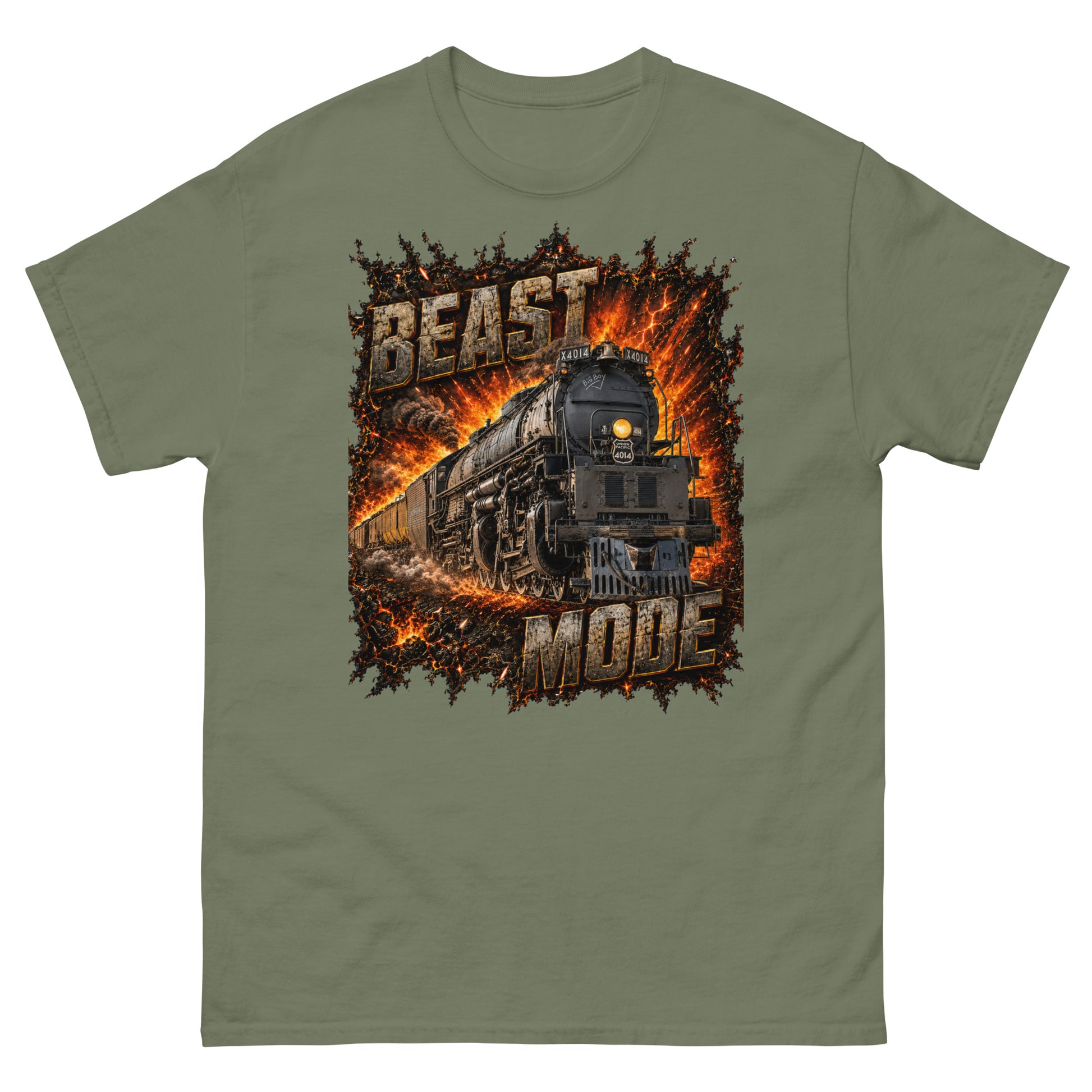 Army green classic t-shirt featuring a high-impact graphic of the Big Boy 4014 steam locomotive bursting forward out of a fiery, orange and yellow explosion. Large, distressed steel-textured text reads "BEAST" at the top left and "MODE" at the bottom right.