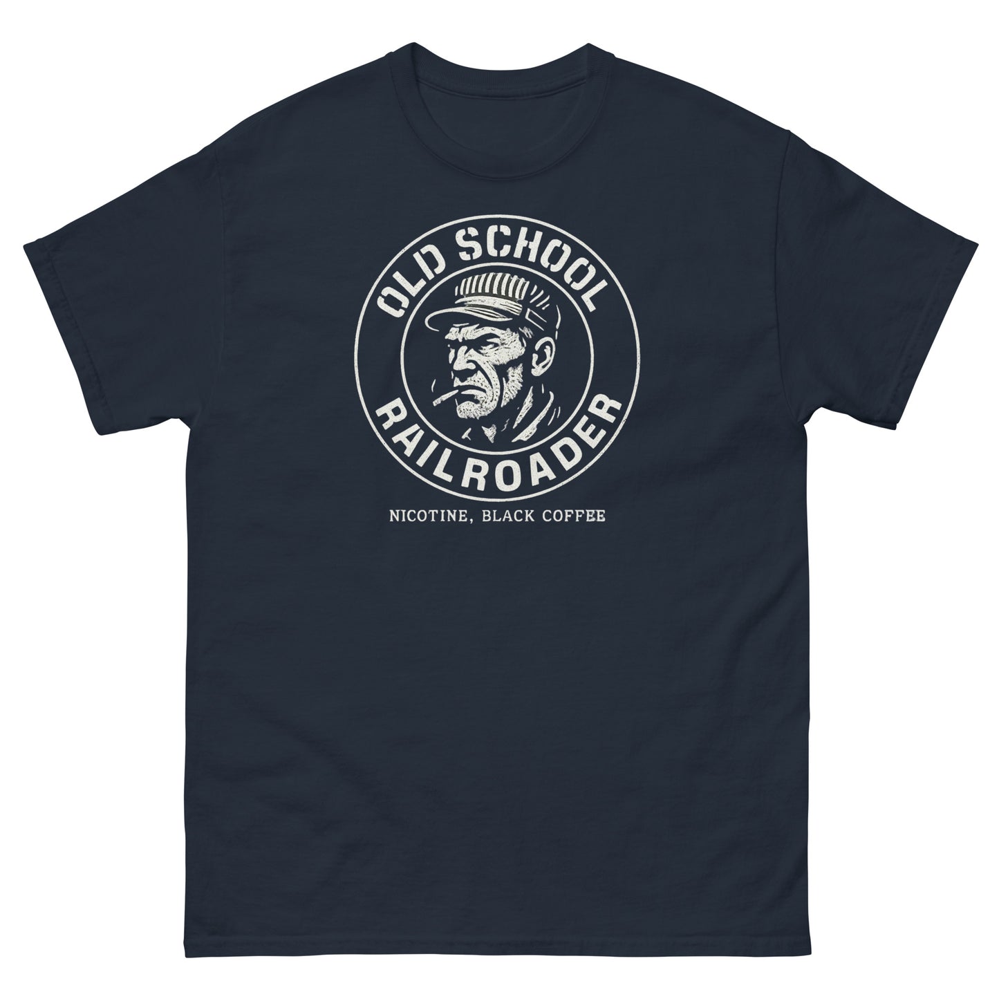 Old School Railroader T-Shirt with vintage railroader graphic and ‘Nicotine, Black Coffee’ slogan in white print on navy tee.