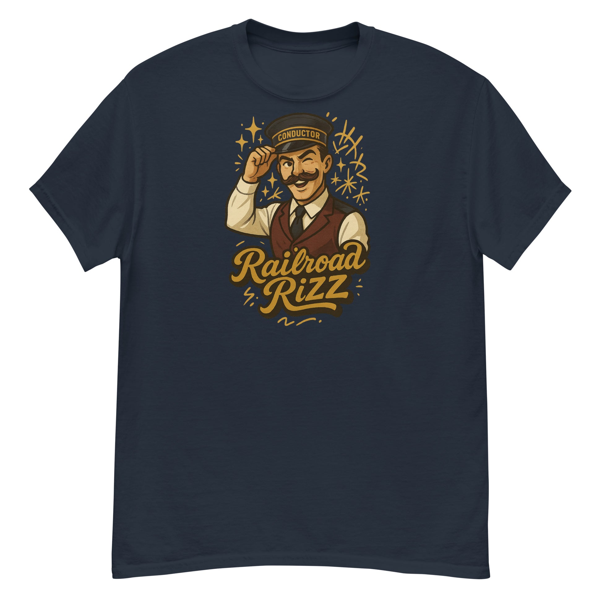 Navy blue t-shirt with a graphic of a cartoon conductor and 'Railroad Rizz' text on a white background