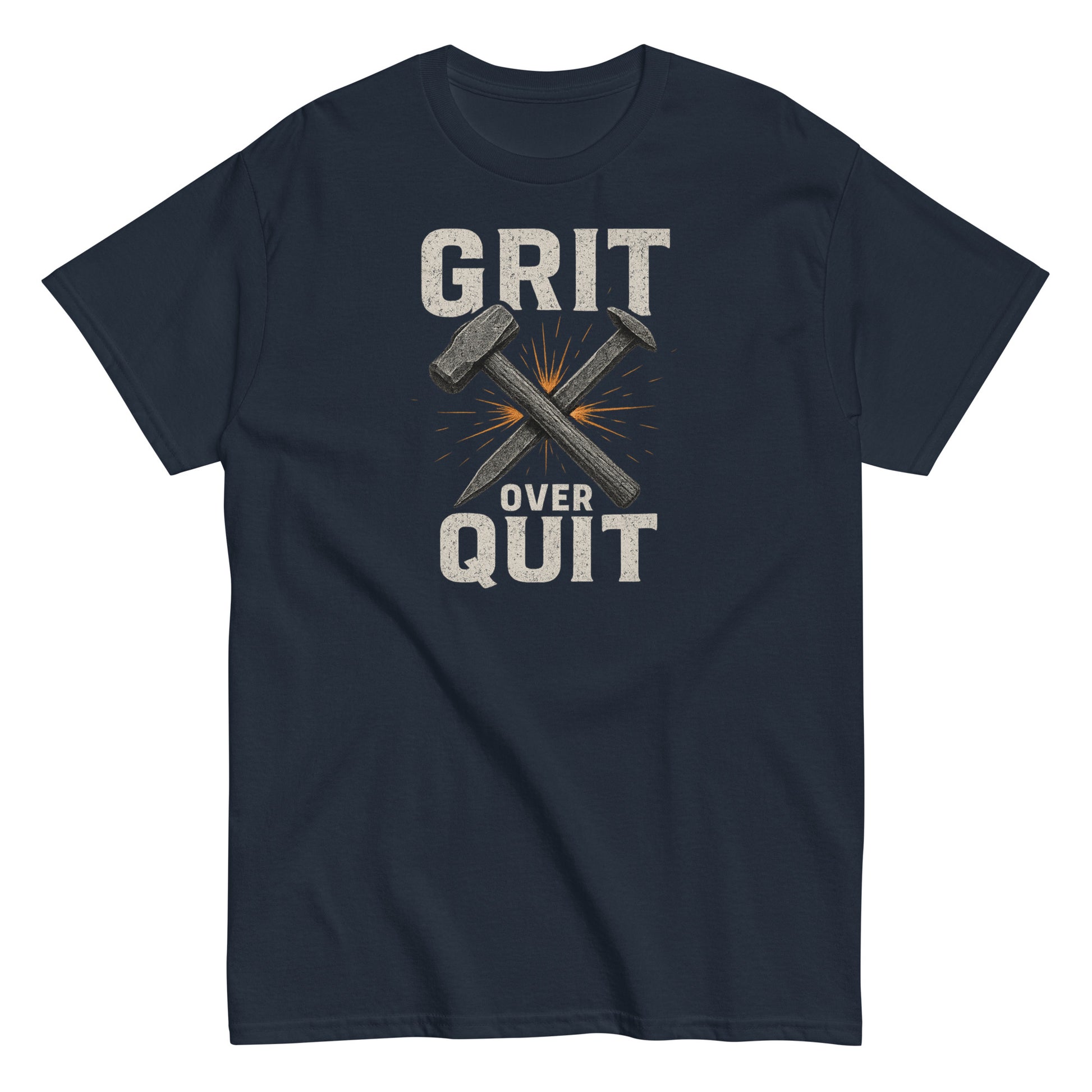 Navy blue t-shirt with 'Grit Over Quit' graphic design on a white background