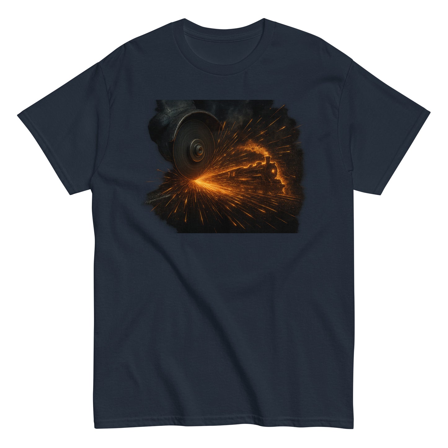 navy t-shirt with a graphic of a locomotive surrounded by fiery sparks, designed for train lovers and railfans.