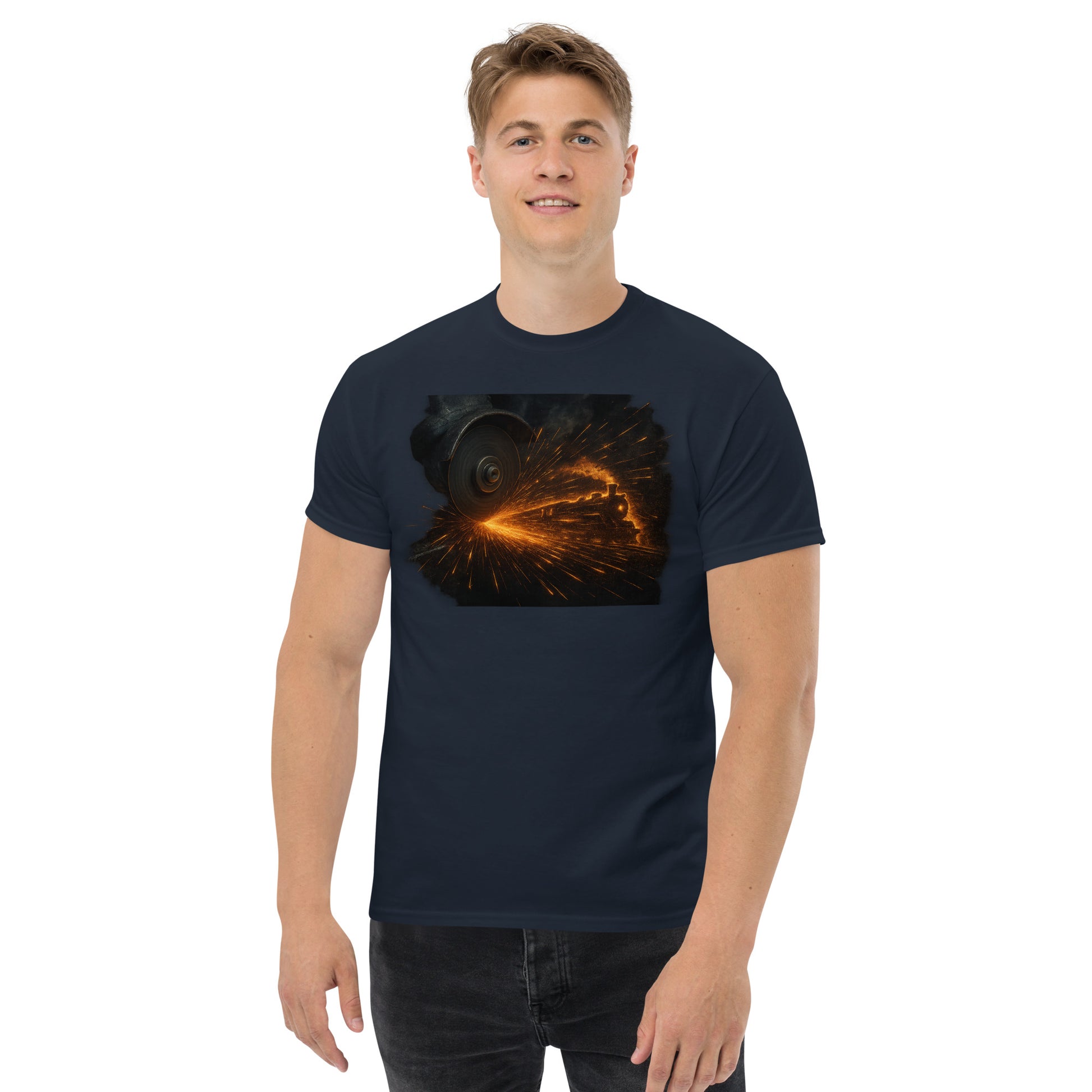 navy t-shirt with a graphic of a locomotive surrounded by fiery sparks, designed for train lovers and railfans.