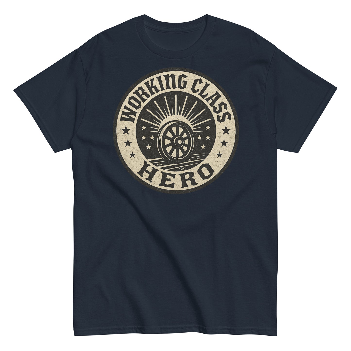 Navy blue t-shirt with 'Working Class Hero' graphic design on a white background