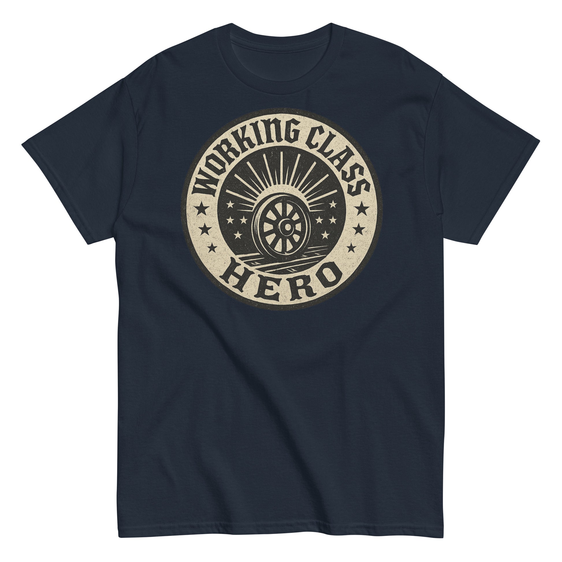 Navy blue t-shirt with 'Working Class Hero' graphic design on a white background