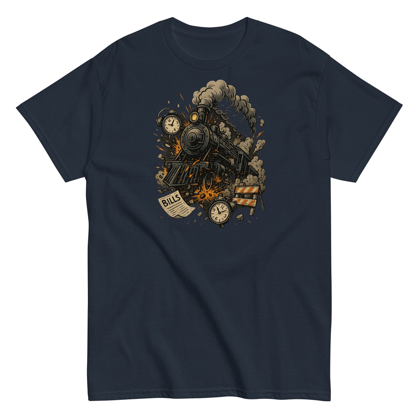 Navy blue t-shirt with a steam locomotive graphic on a white background